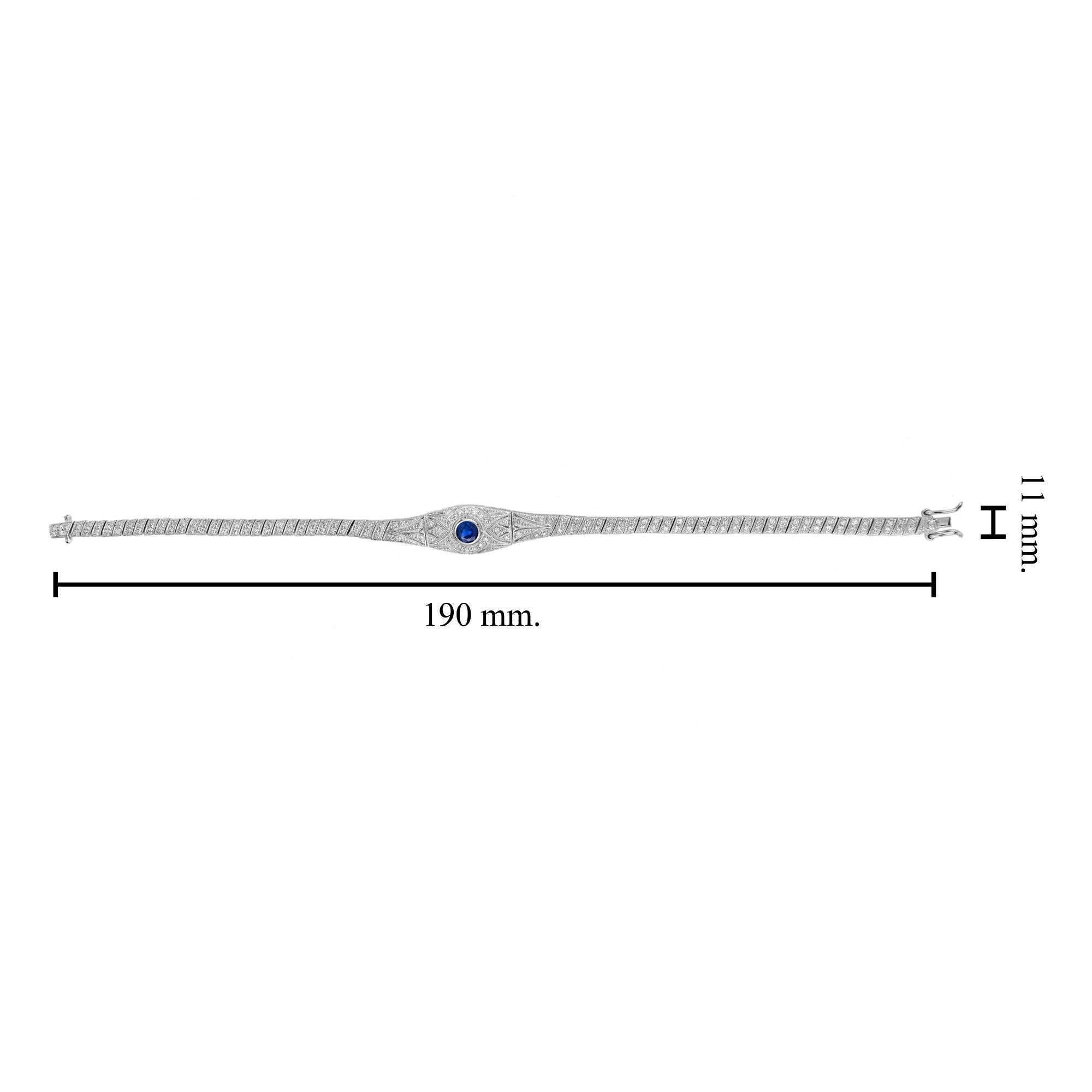 Women's or Men's Round Blue Sapphire & Diamond Art Deco Inspired Design White Gold Bracelet For Sale