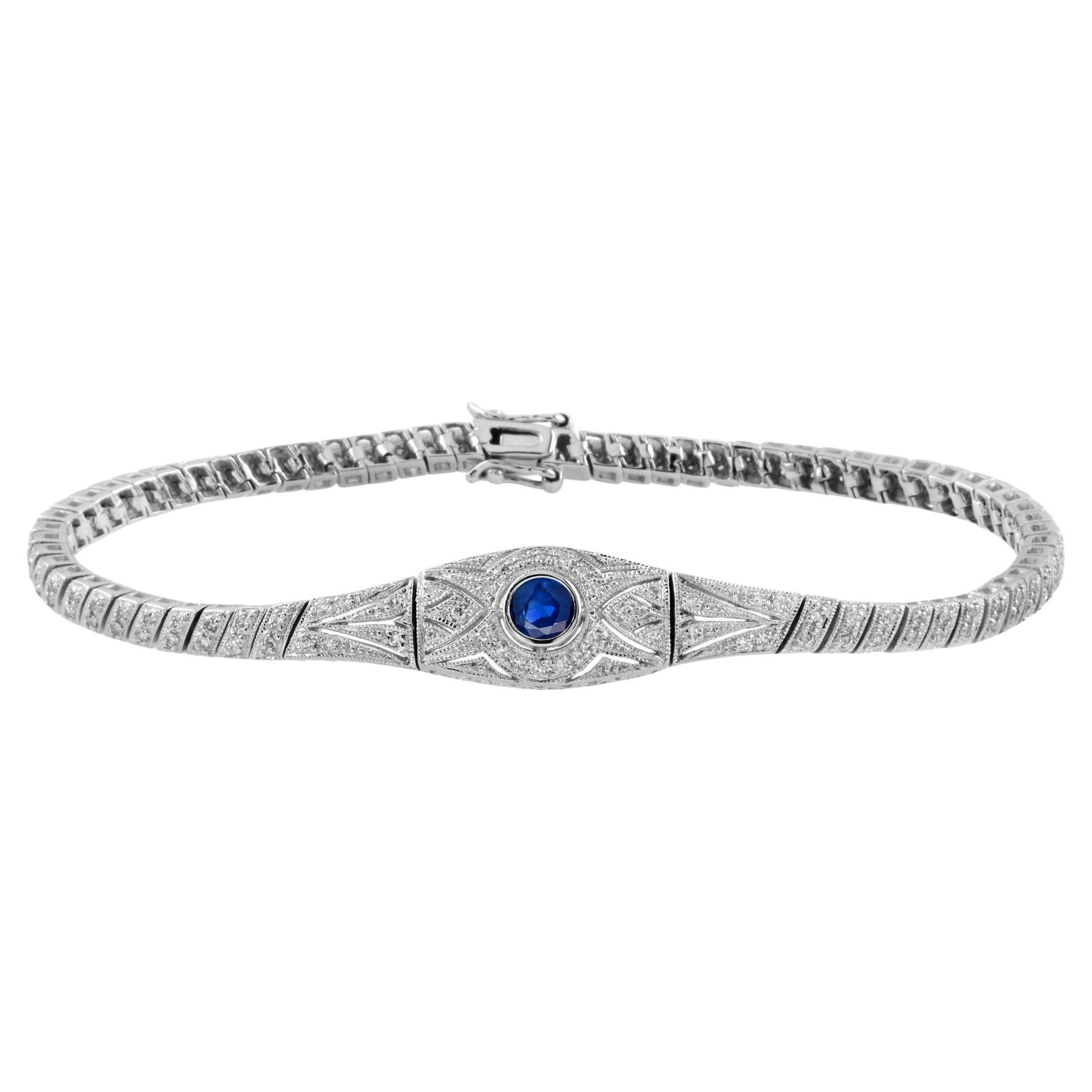 Round Blue Sapphire & Diamond Art Deco Inspired Design White Gold Bracelet