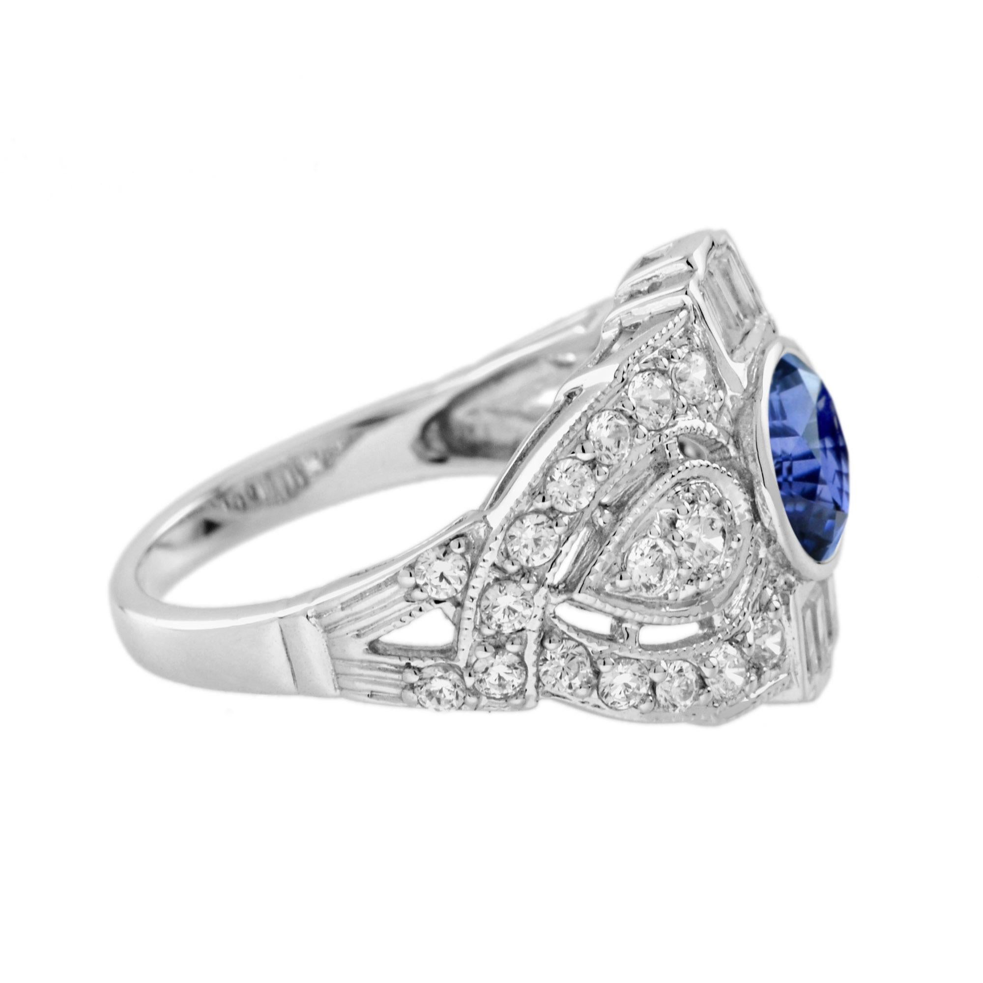 Taille ronde Bague de fiançailles en or blanc 18 carats, saphir bleu rond et diamant, style Art déco en vente