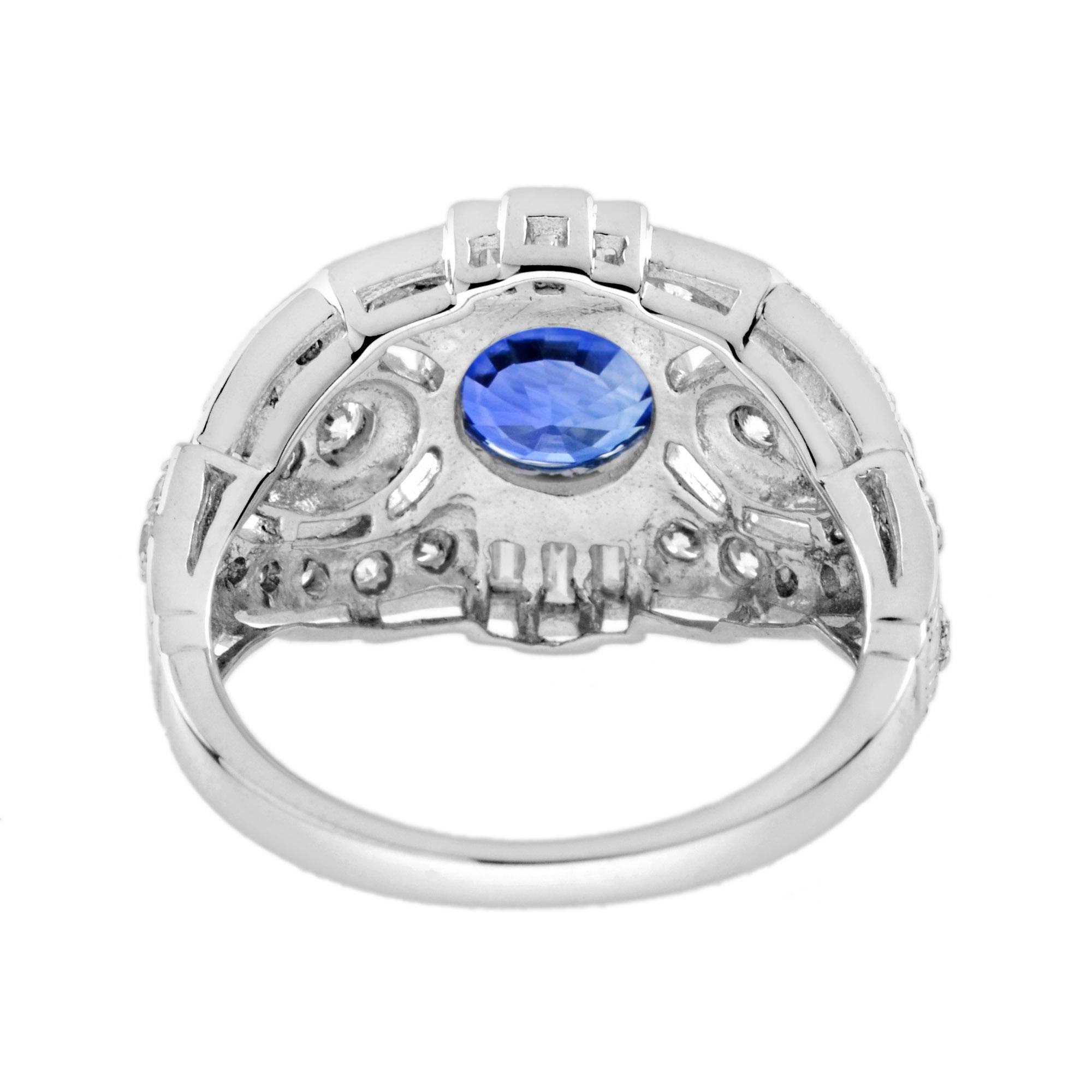 Bague de fiançailles en or blanc 18 carats, saphir bleu rond et diamant, style Art déco Neuf - En vente à Oakton, VA