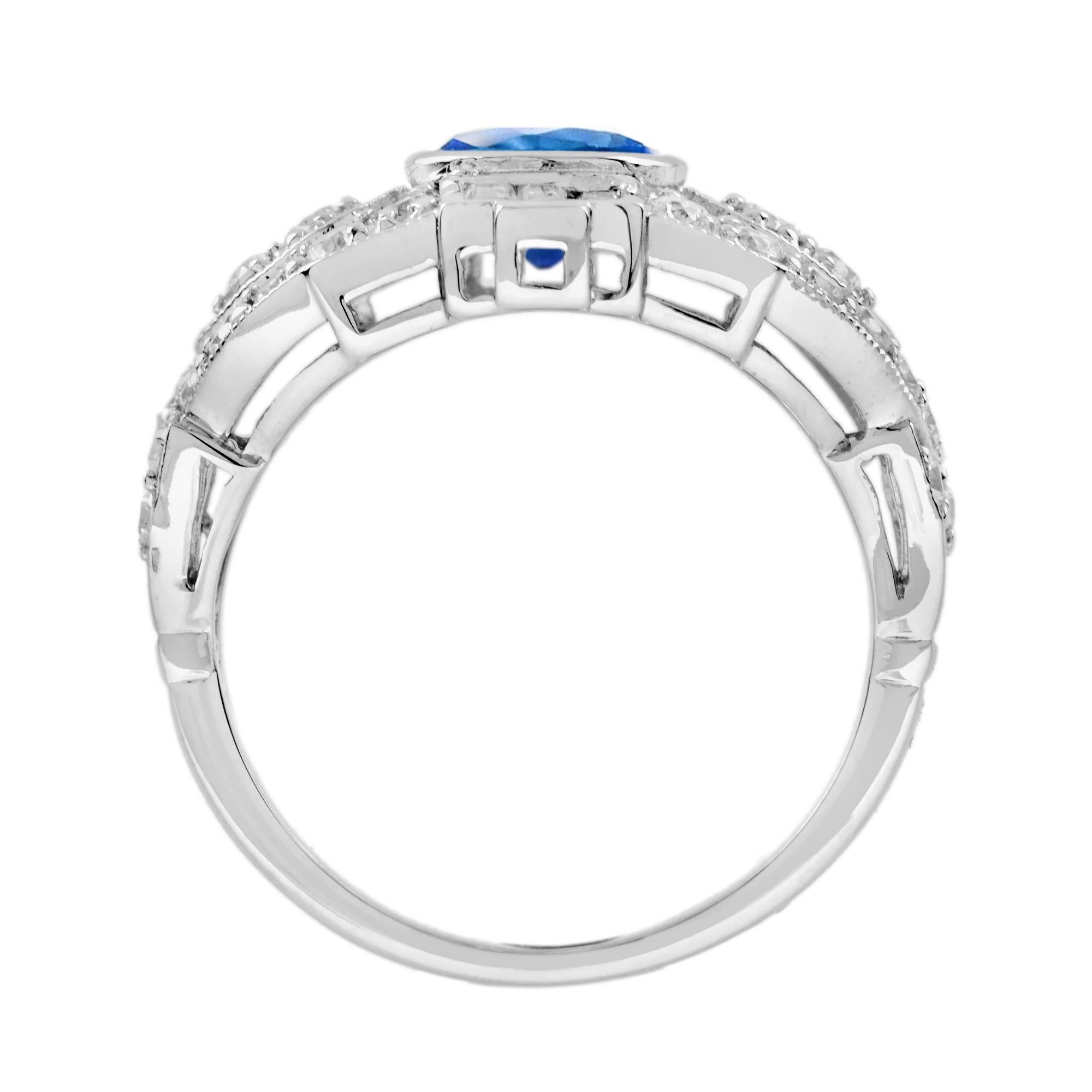 Bague de fiançailles en or blanc 18 carats, saphir bleu rond et diamant, style Art déco Unisexe en vente