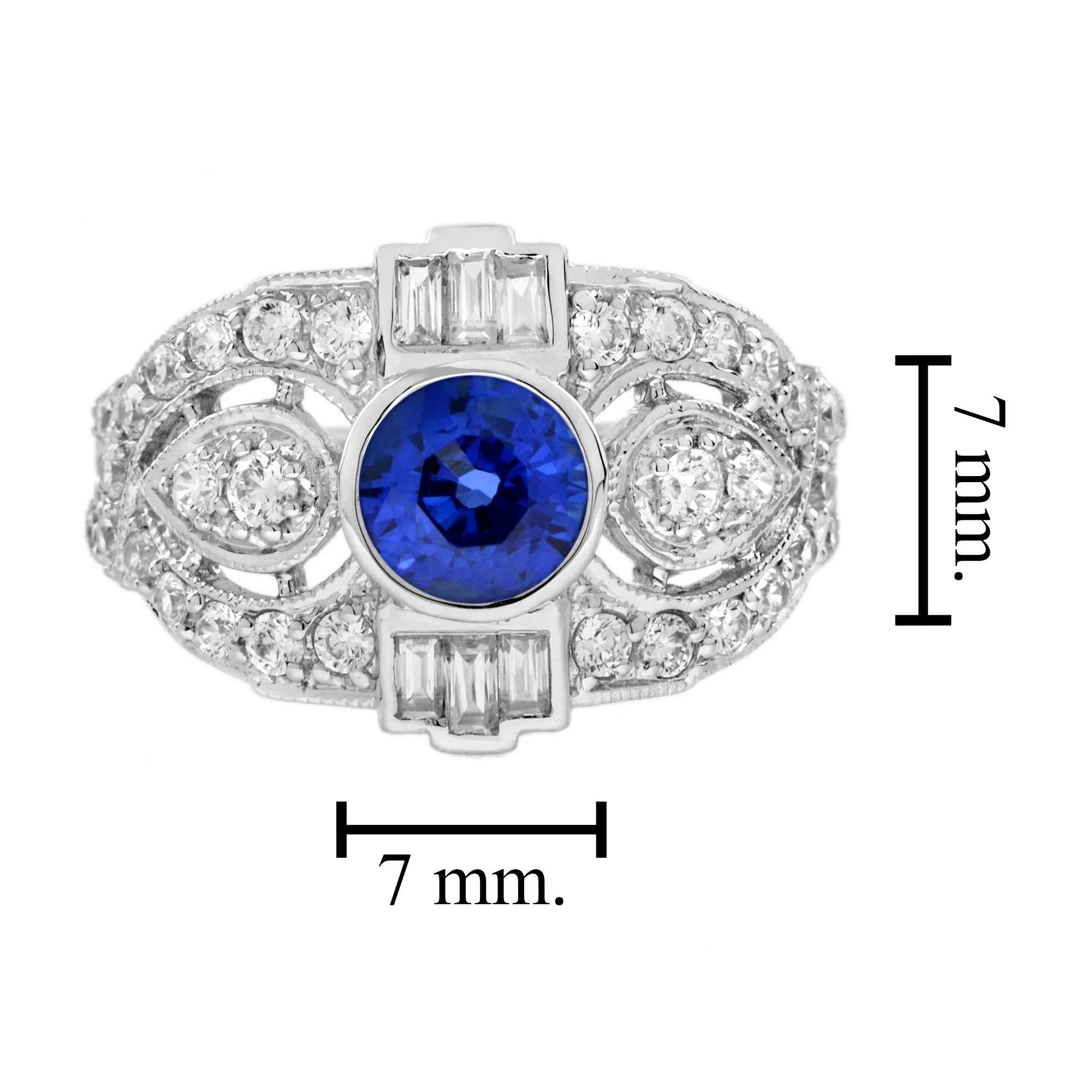 Bague de fiançailles en or blanc 18 carats, saphir bleu rond et diamant, style Art déco en vente 1