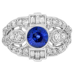 Bague de fiançailles en or blanc 18 carats, saphir bleu rond et diamant, style Art déco