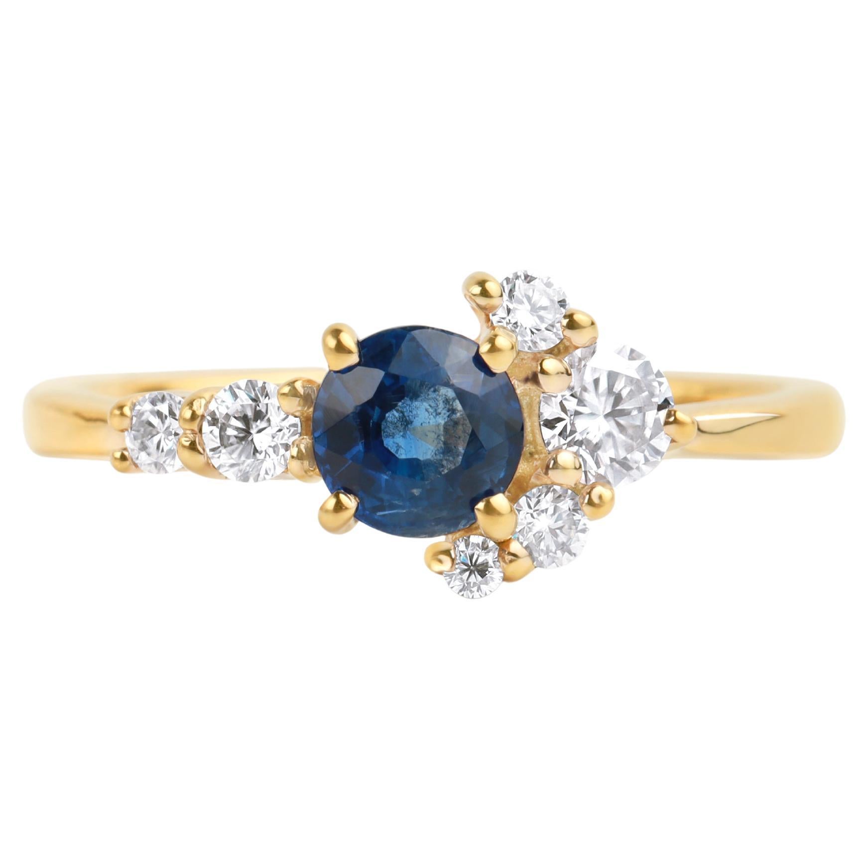 Round Blue Sapphire Diamond Cluster Cocktail Engagement Proposal Ring For Her