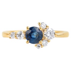 Round Blue Sapphire Diamond Cluster Cocktail Engagement Proposal Ring For Her