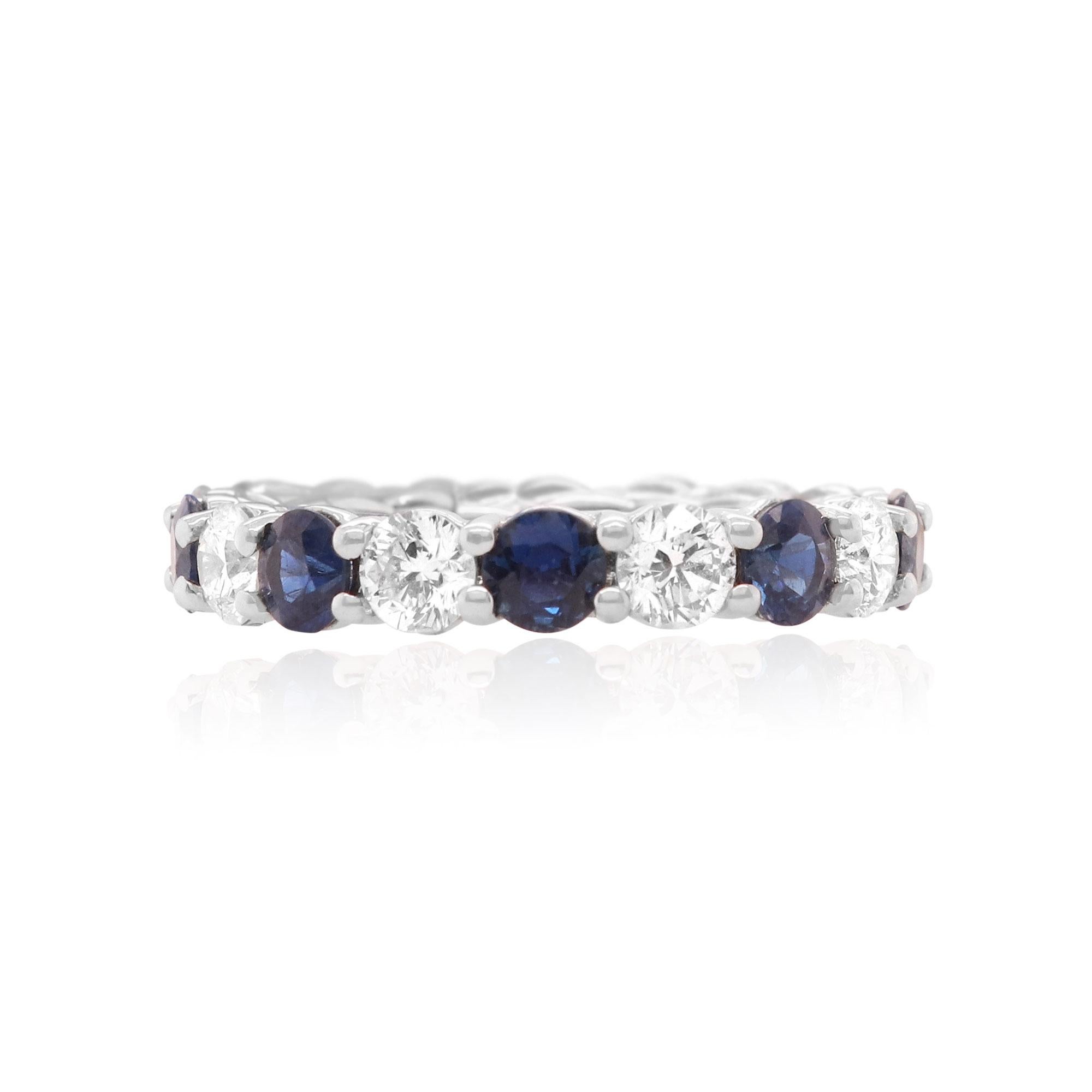 Contemporary Round Blue Sapphire Diamond Eternity Band Ring 18K White Gold For Sale