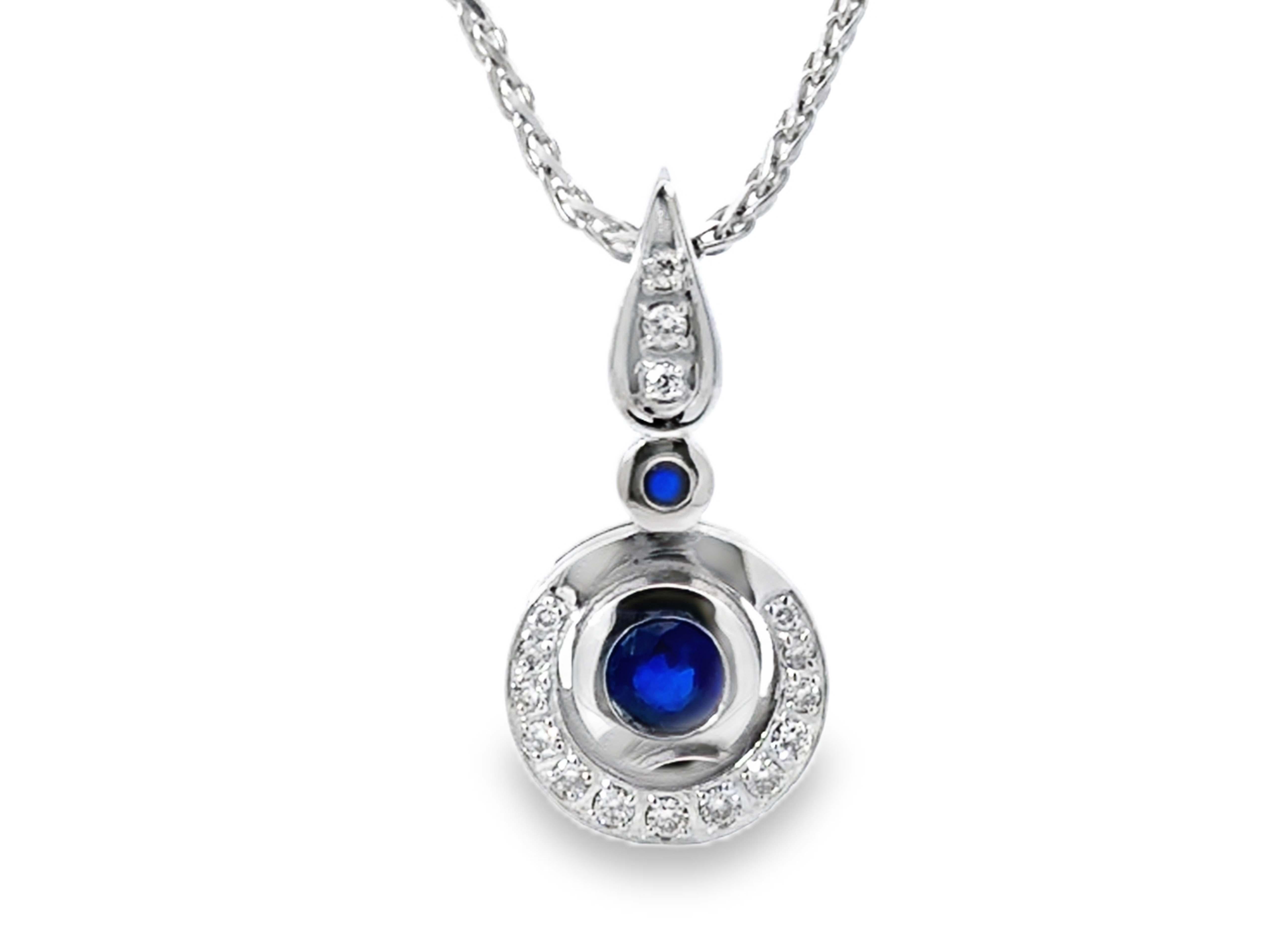 Modern Round Blue Sapphire Diamond Pendant Necklace 14k White Gold For Sale