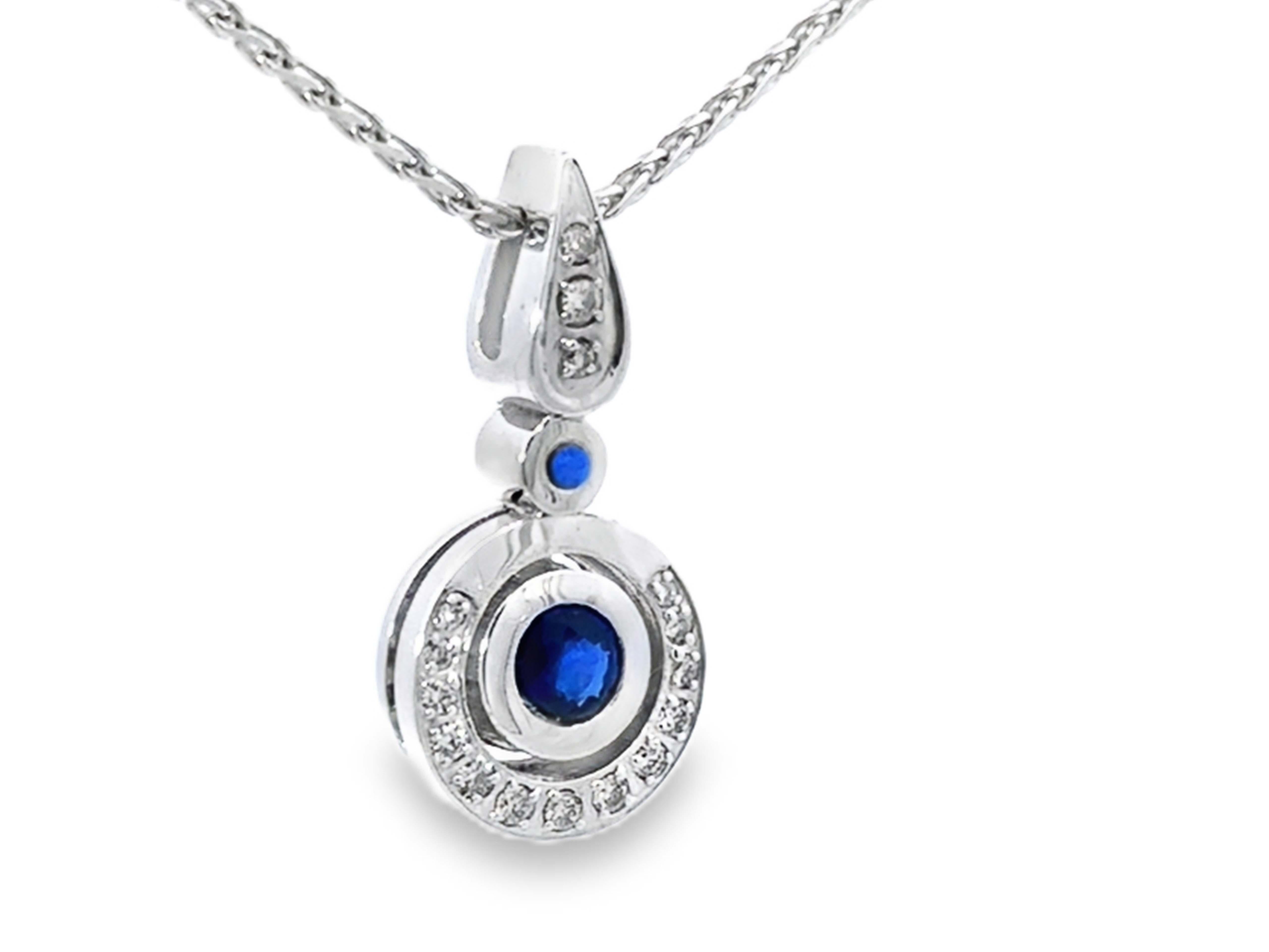 Brilliant Cut Round Blue Sapphire Diamond Pendant Necklace 14k White Gold For Sale