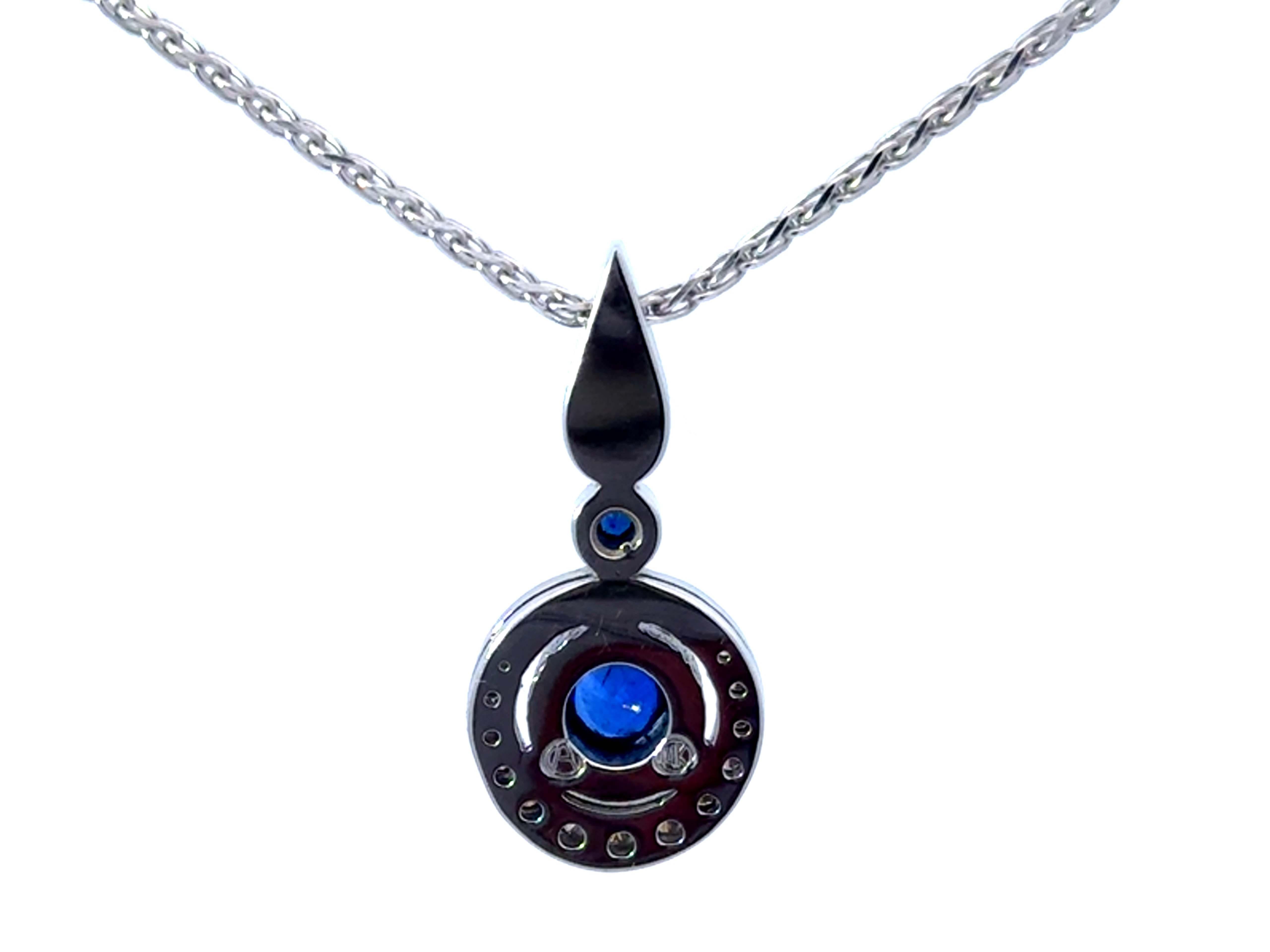 Round Blue Sapphire Diamond Pendant Necklace 14k White Gold For Sale 2