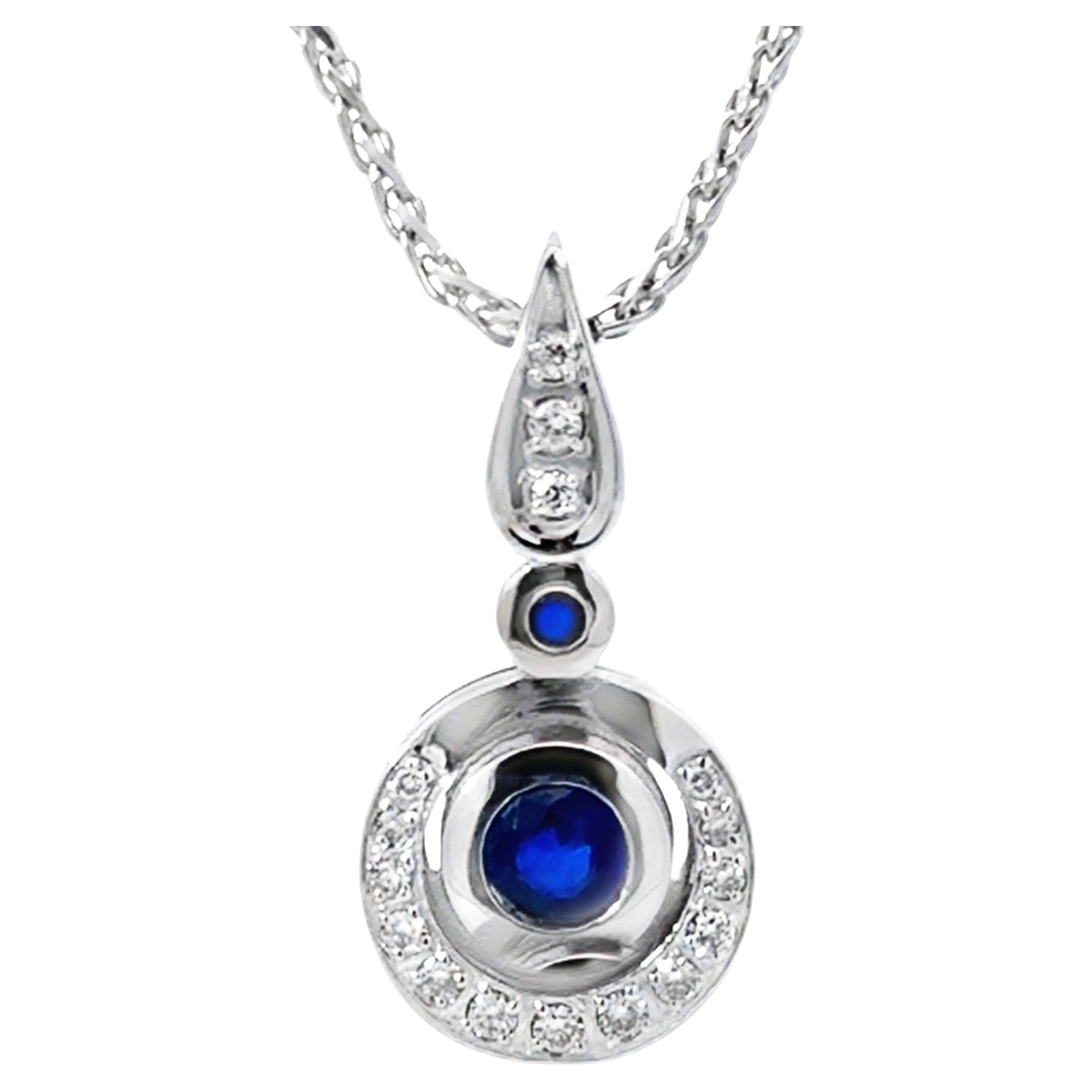 Round Blue Sapphire Diamond Pendant Necklace 14k White Gold