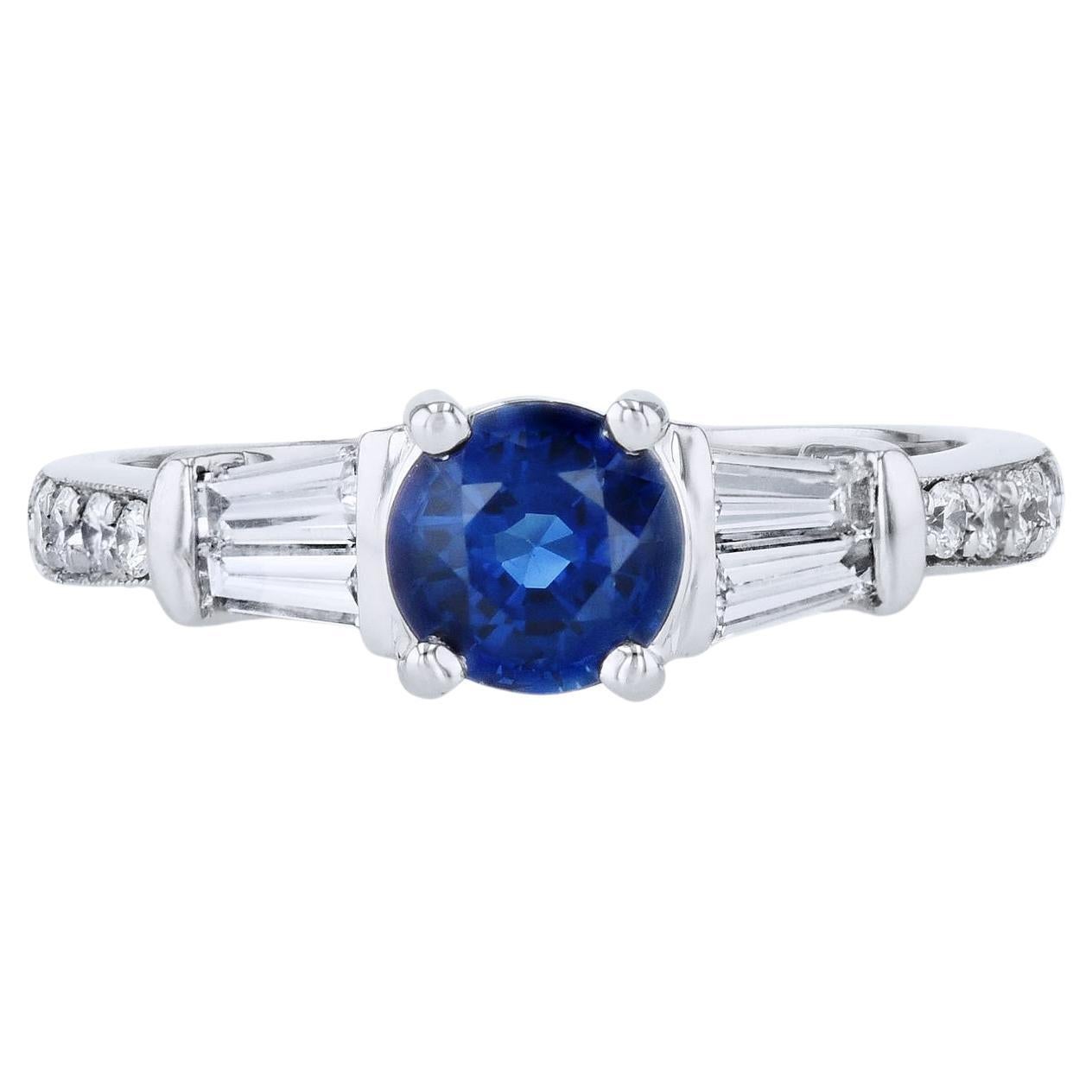 Round Blue Sapphire Diamond Platinum Estate Ring For Sale