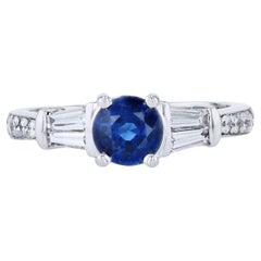 Round Blue Sapphire Diamond Platinum Estate Ring