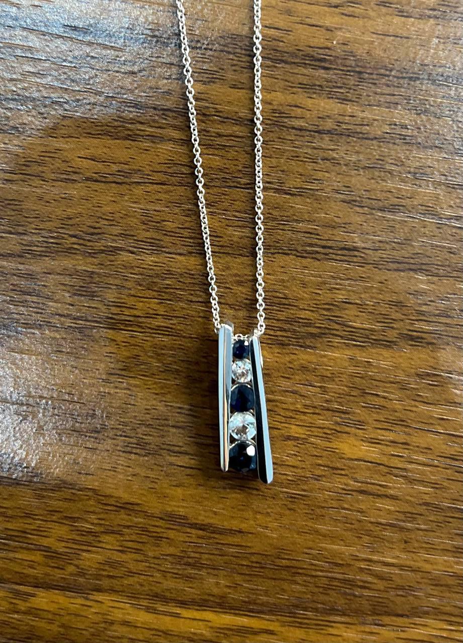 Mixed Cut Round Blue Sapphire & Diamonds Tension Set 14K White Gold Pendant Necklace For Sale