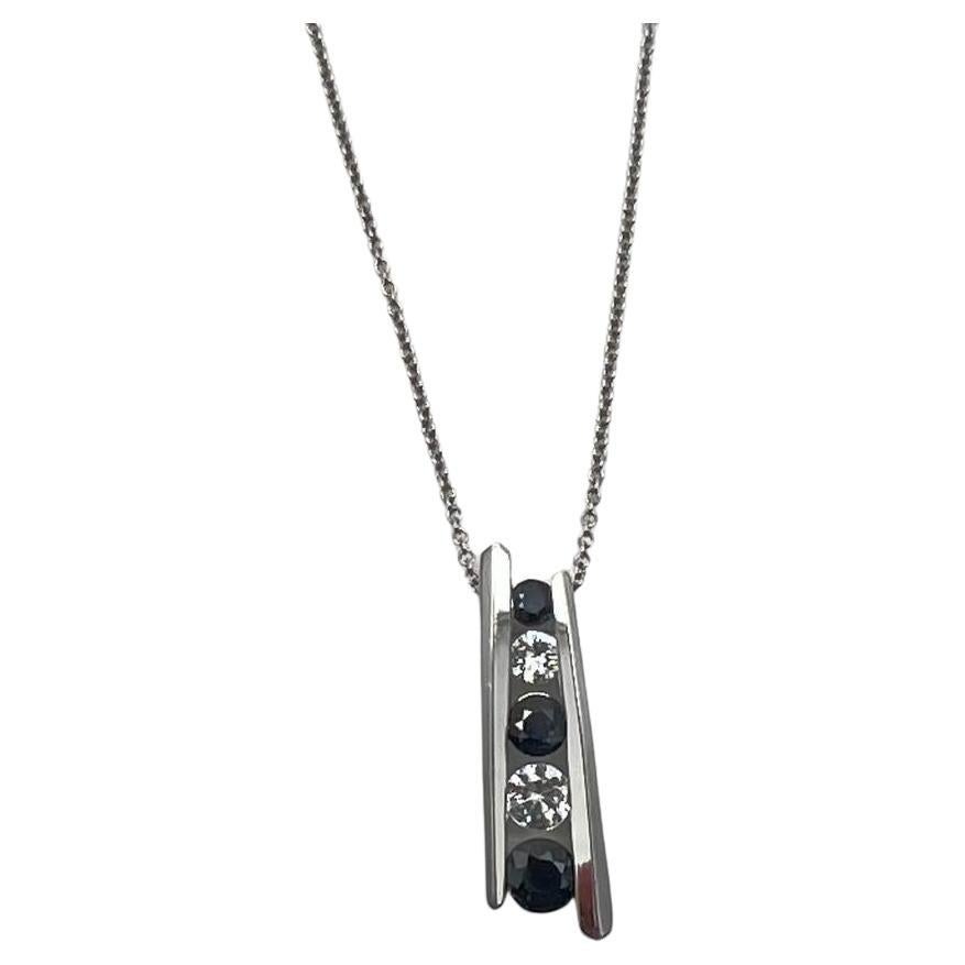 Round Blue Sapphire & Diamonds Tension Set 14K White Gold Pendant Necklace For Sale