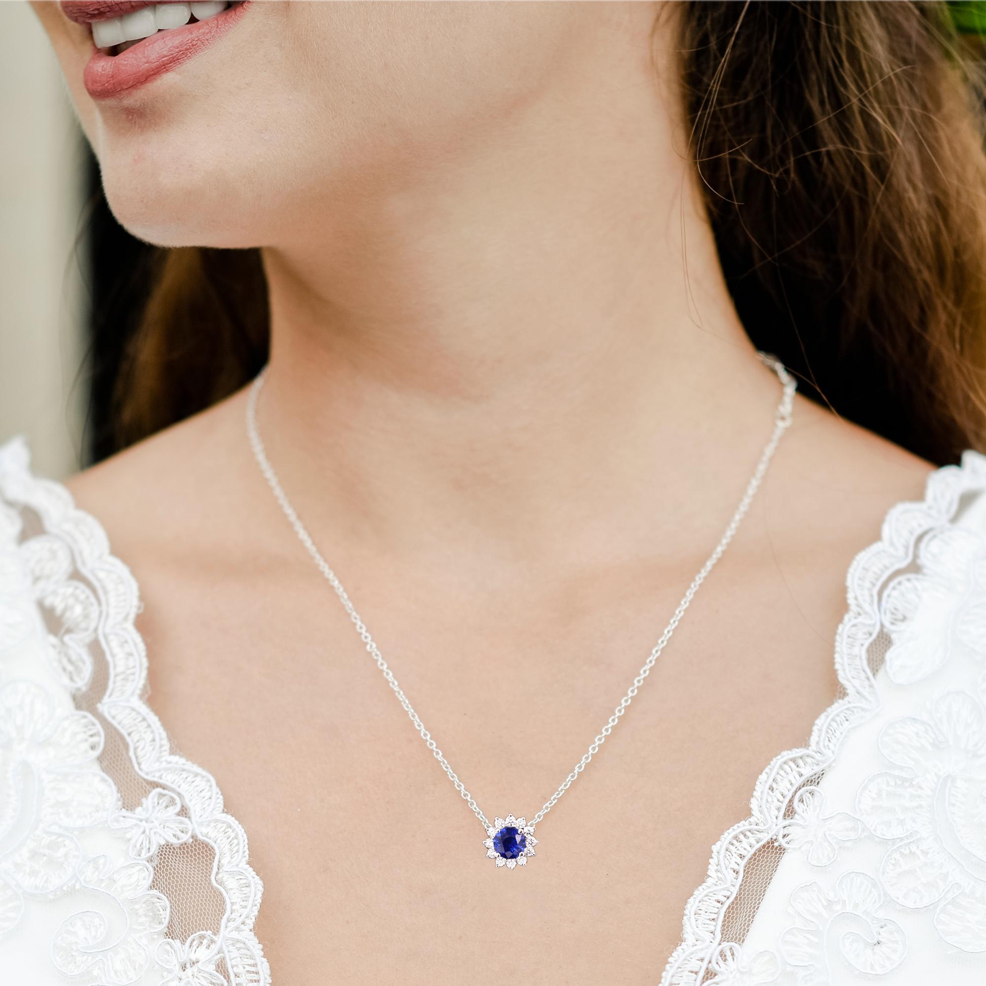 Round Blue Sapphire Necklace 14 karat White Gold 1.00 Carat Brilliant Sapphire For Sale 9