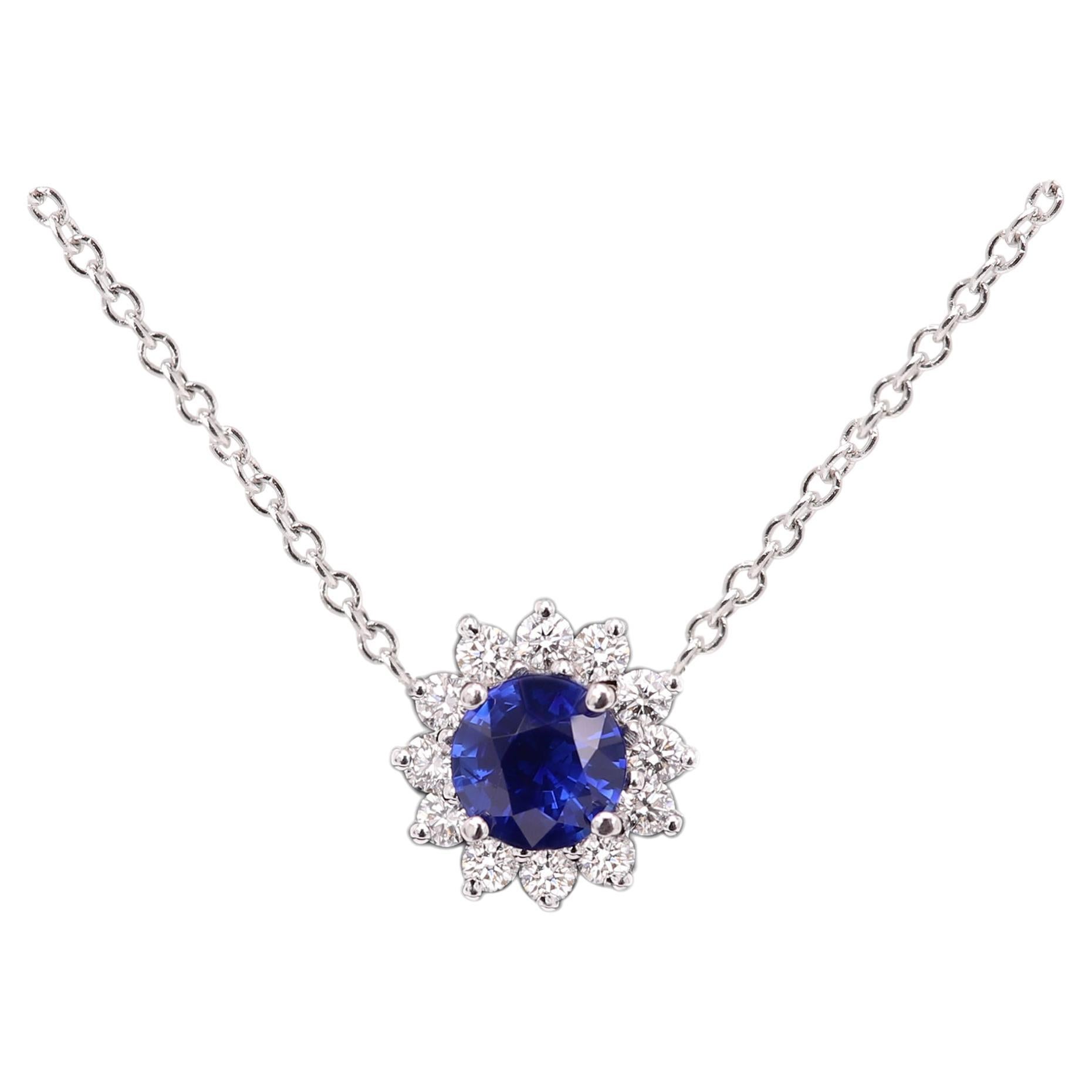 Round Blue Sapphire Necklace 14 karat White Gold 1.00 Carat Brilliant Sapphire For Sale