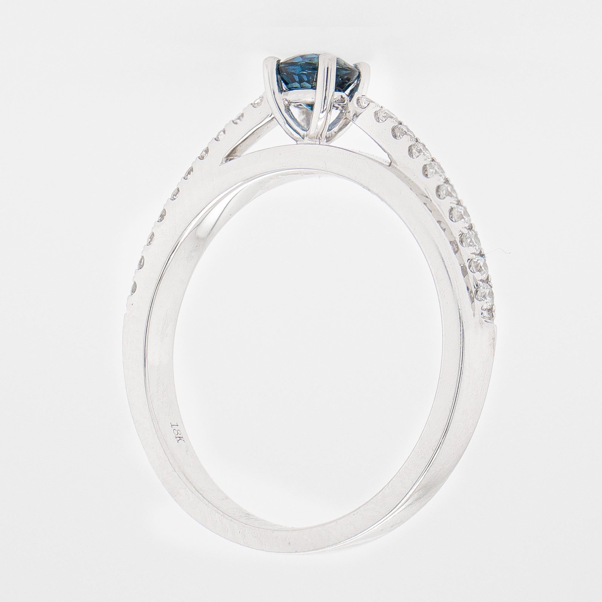 Contemporary Round Blue Sapphire Solitaire Ring 18K White Gold and Diamonds