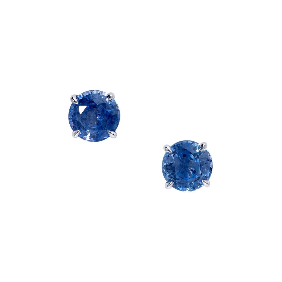 Round Blue Sapphire Stud Earrings in 18 Karat White Gold