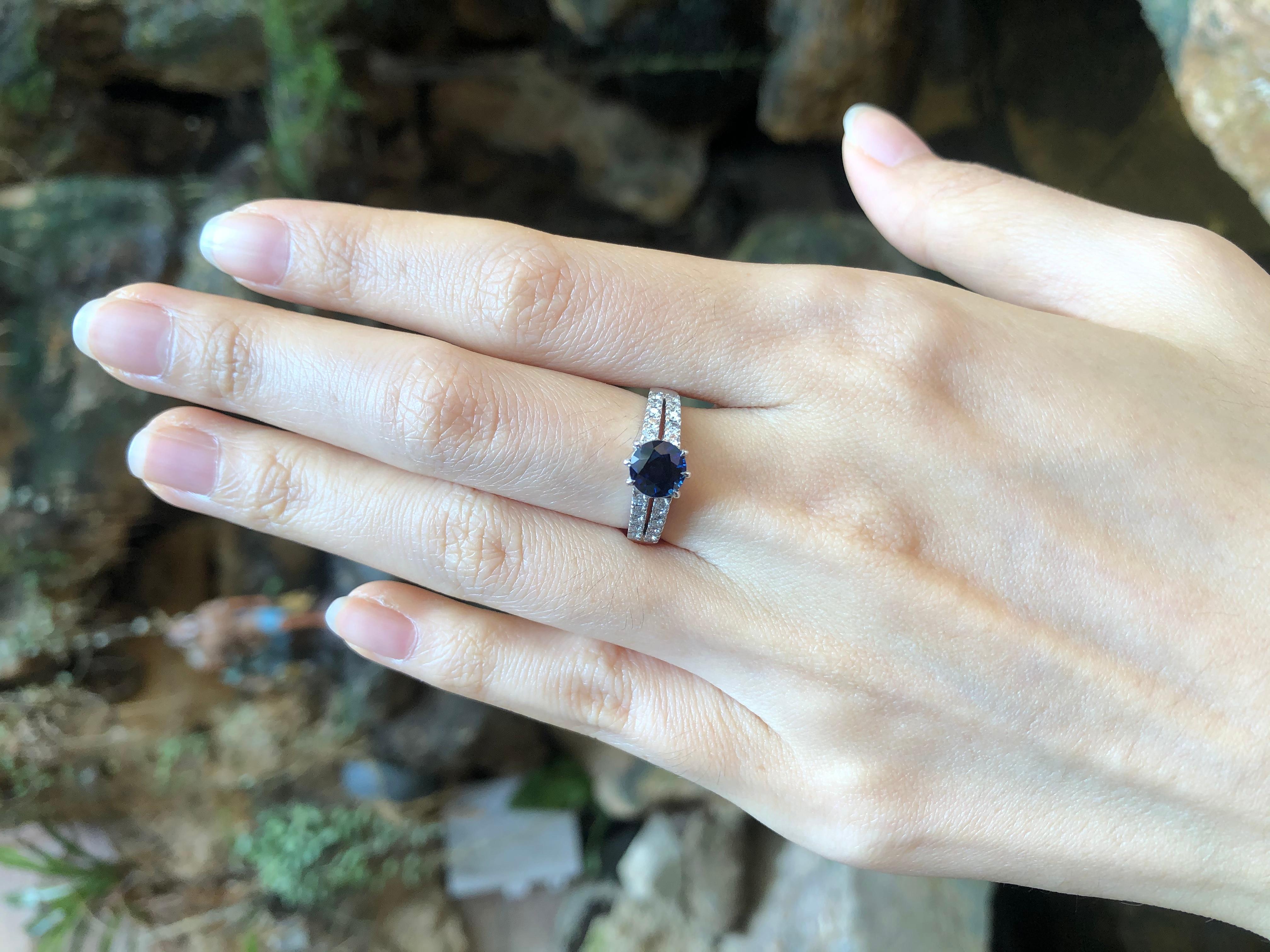 Round Cut Round Blue Sapphire with Diamond Ring Set in Platinum 950 Settings For Sale