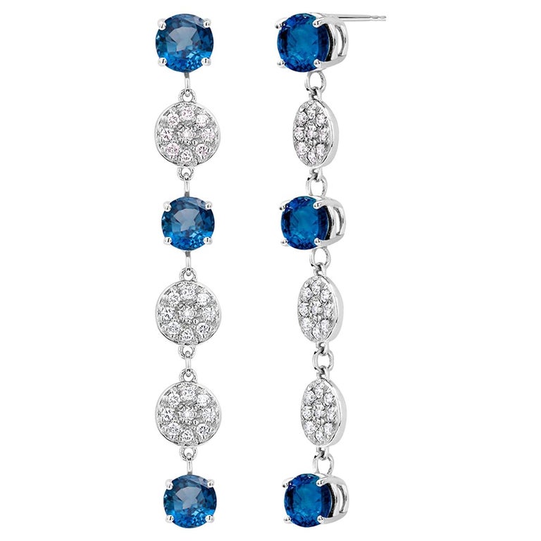 Six Round Blue Sapphires and Round Diamonds White Gold Drop Dangle Earrings 