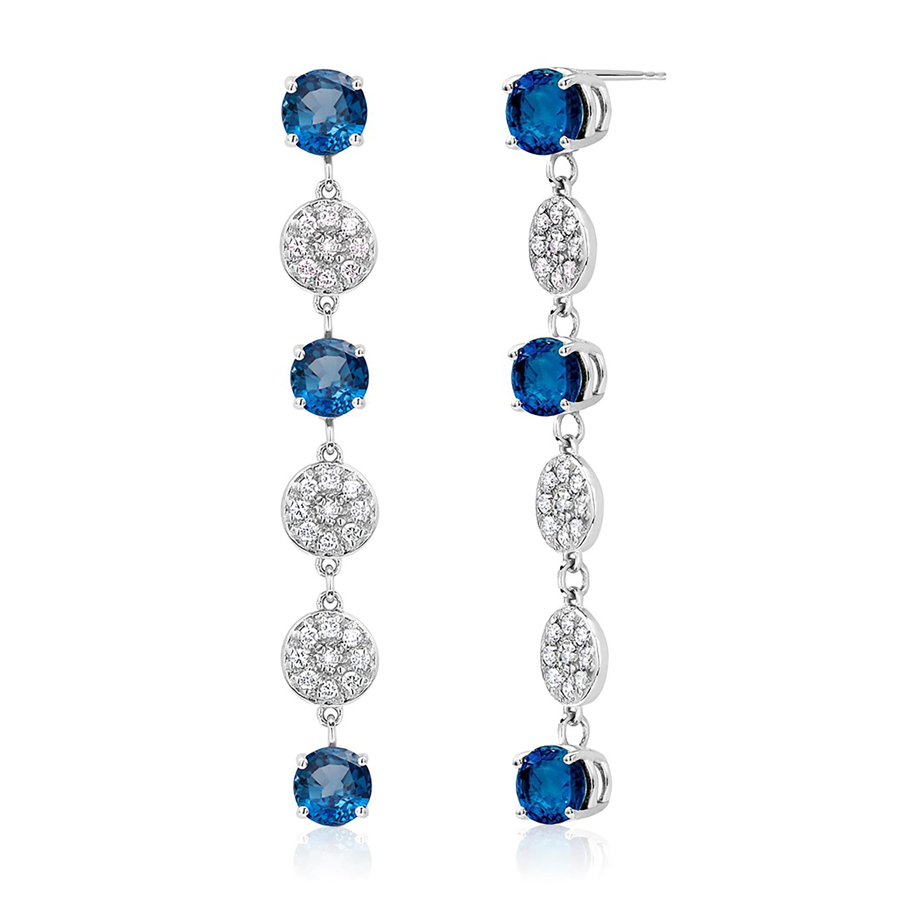Contemporary Six Round Blue Sapphires and Round Diamonds White Gold Drop Dangle Earrings 
