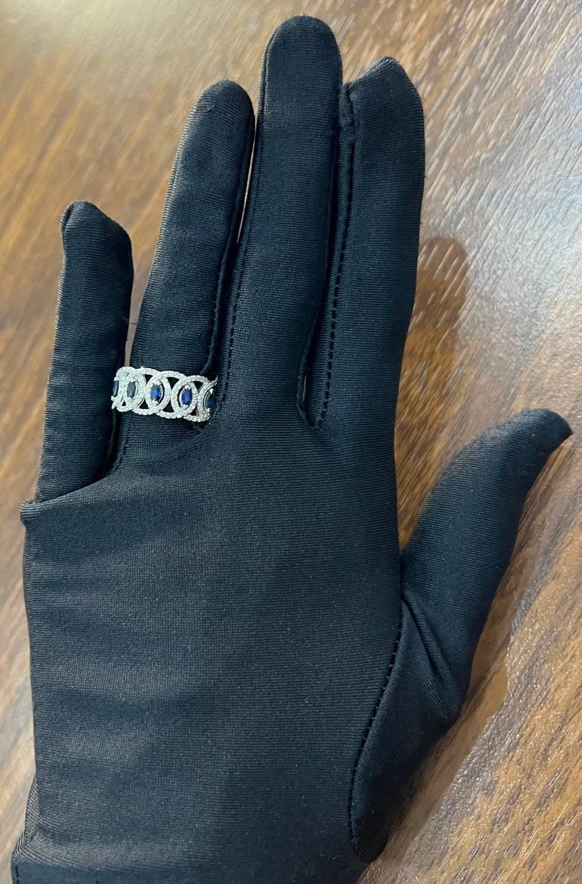 Round Blue Sapphires Diamonds Accents 14K White Gold Statement Band Ring For Sale 5