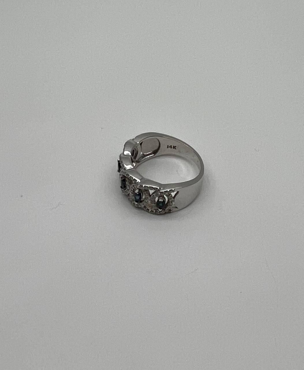 Mixed Cut Round Blue Sapphires Diamonds Accents 14K White Gold Statement Band Ring For Sale