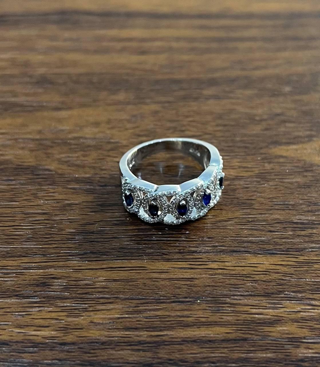 Women's Round Blue Sapphires Diamonds Accents 14K White Gold Statement Band Ring For Sale