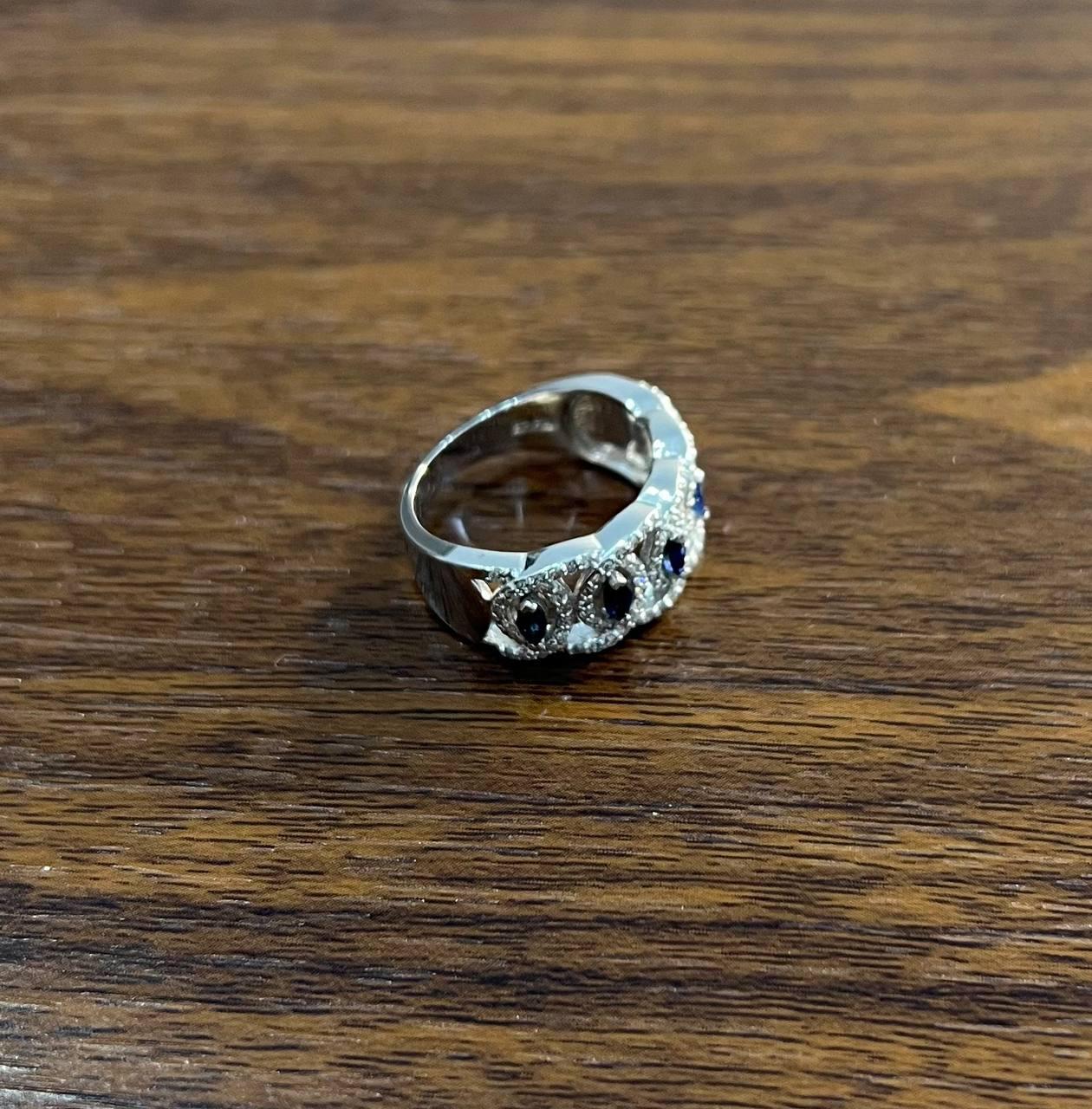 Round Blue Sapphires Diamonds Accents 14K White Gold Statement Band Ring For Sale 1