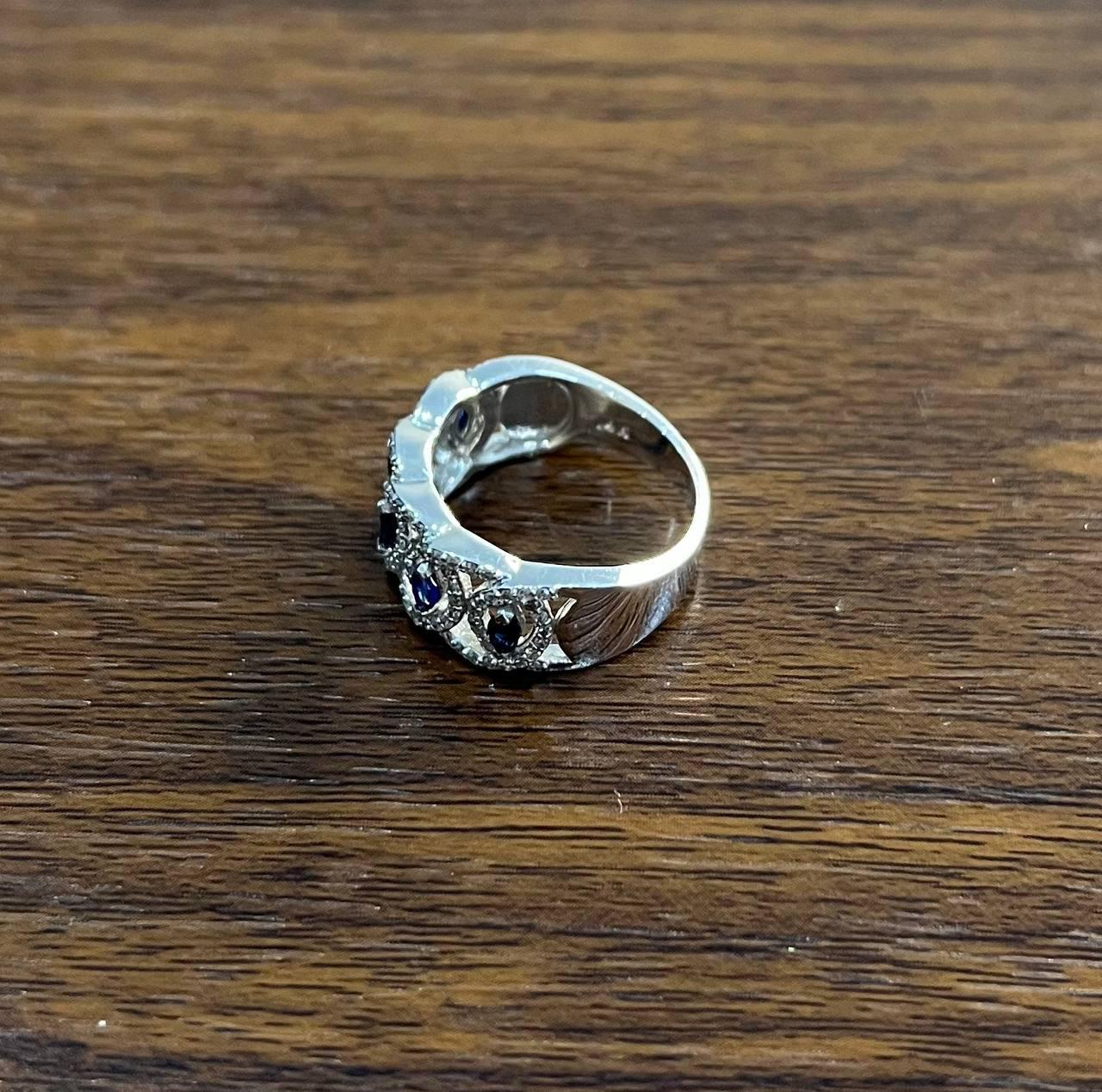 Round Blue Sapphires Diamonds Accents 14K White Gold Statement Band Ring For Sale 2