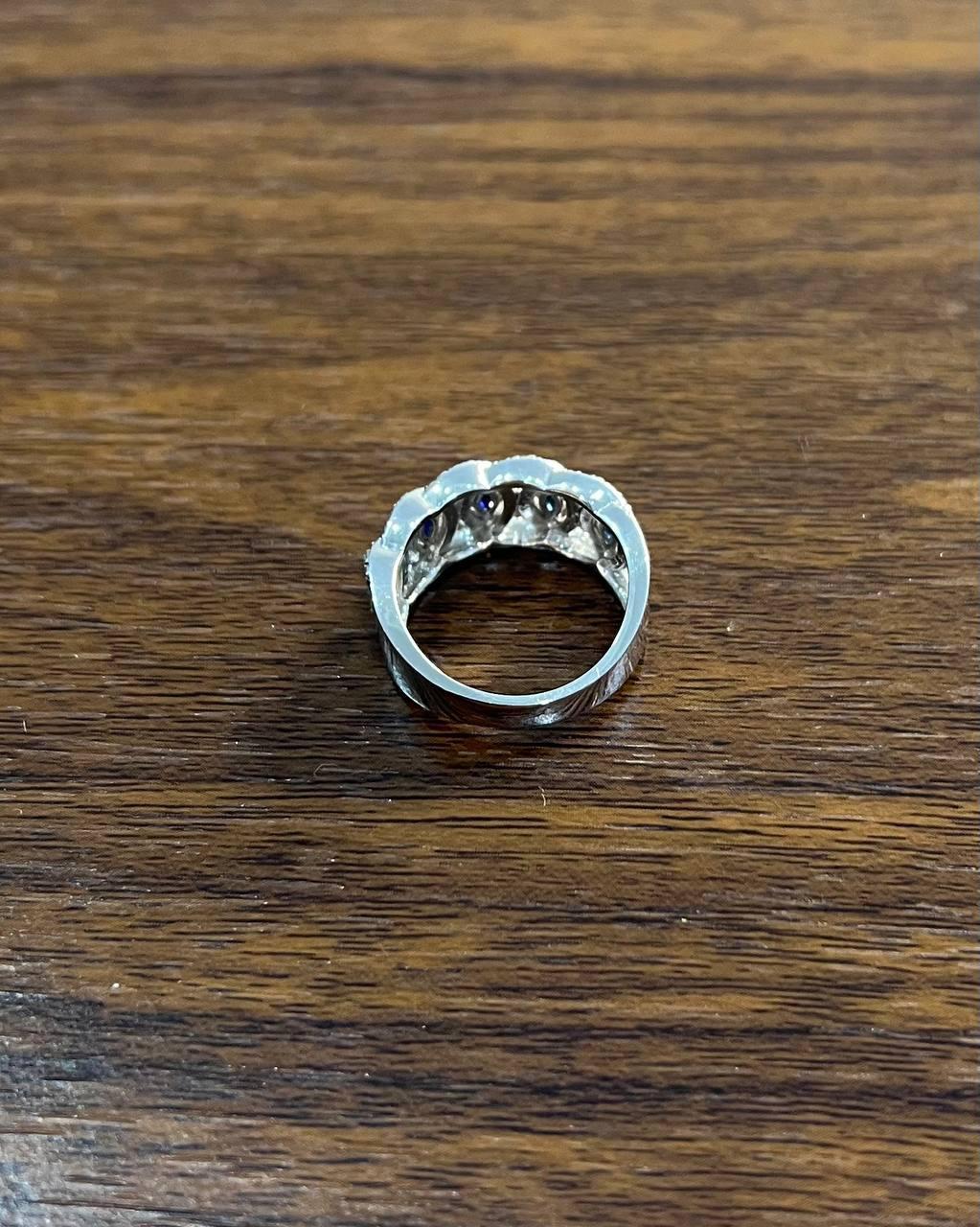 Round Blue Sapphires Diamonds Accents 14K White Gold Statement Band Ring For Sale 3