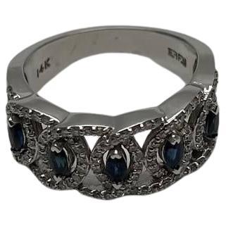 Round Blue Sapphires Diamonds Accents 14K White Gold Statement Band Ring
