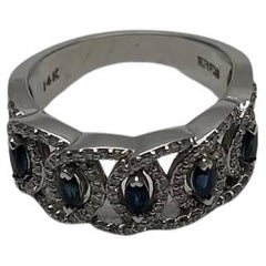Round Blue Sapphires Diamonds Accents 14K White Gold Statement Band Ring