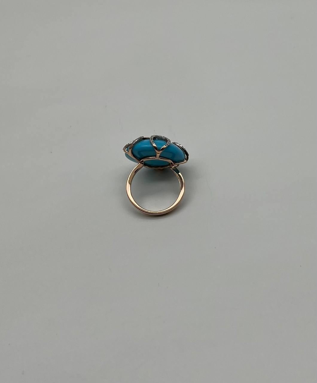 Round Blue Teal Turquoise Diamond Swirl Scroll 14K Yellow Gold Cocktail Ring For Sale 4