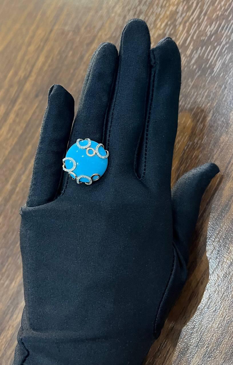 Round Blue Teal Turquoise Diamond Swirl Scroll 14K Yellow Gold Cocktail Ring For Sale 5