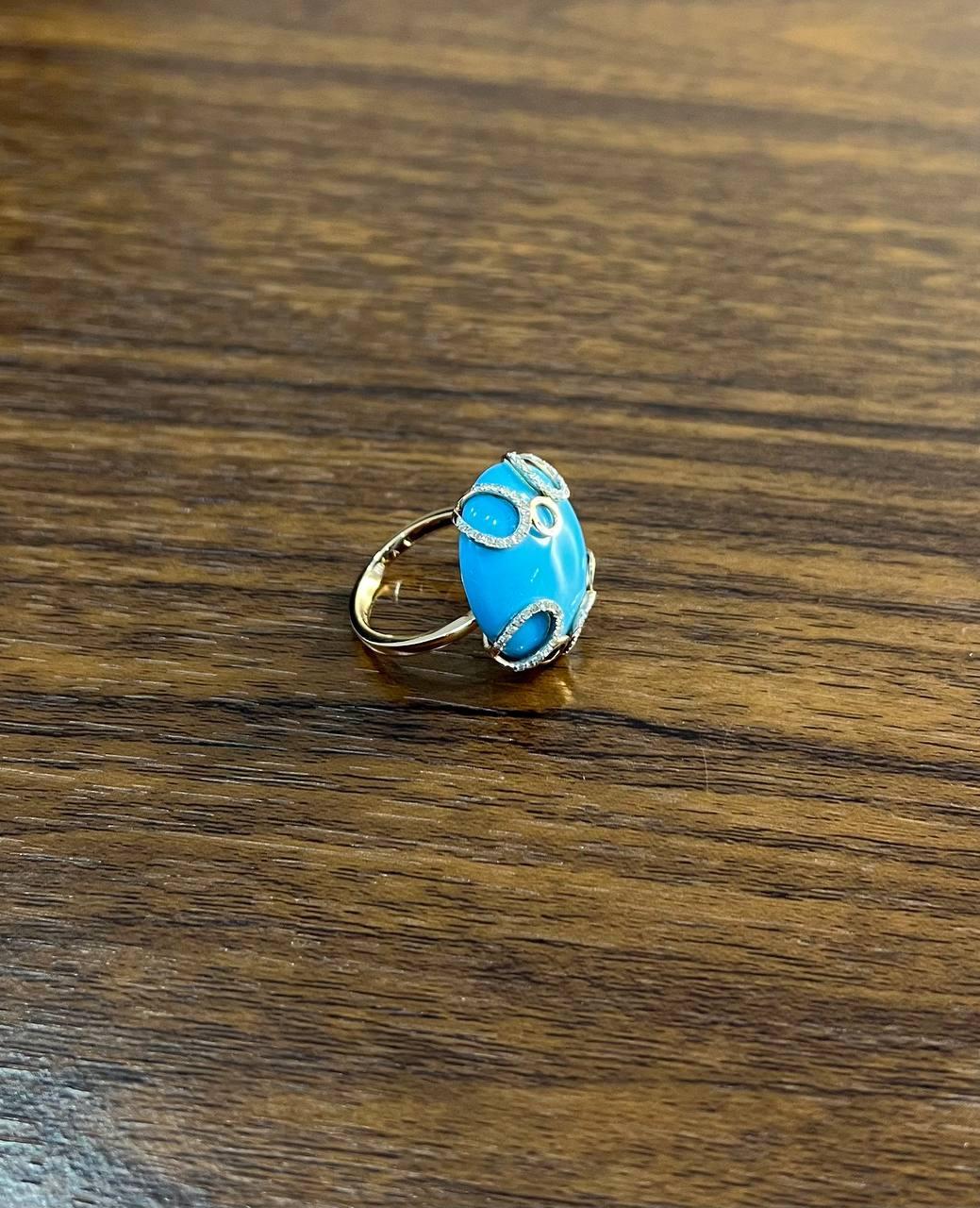 Modern Round Blue Teal Turquoise Diamond Swirl Scroll 14K Yellow Gold Cocktail Ring For Sale