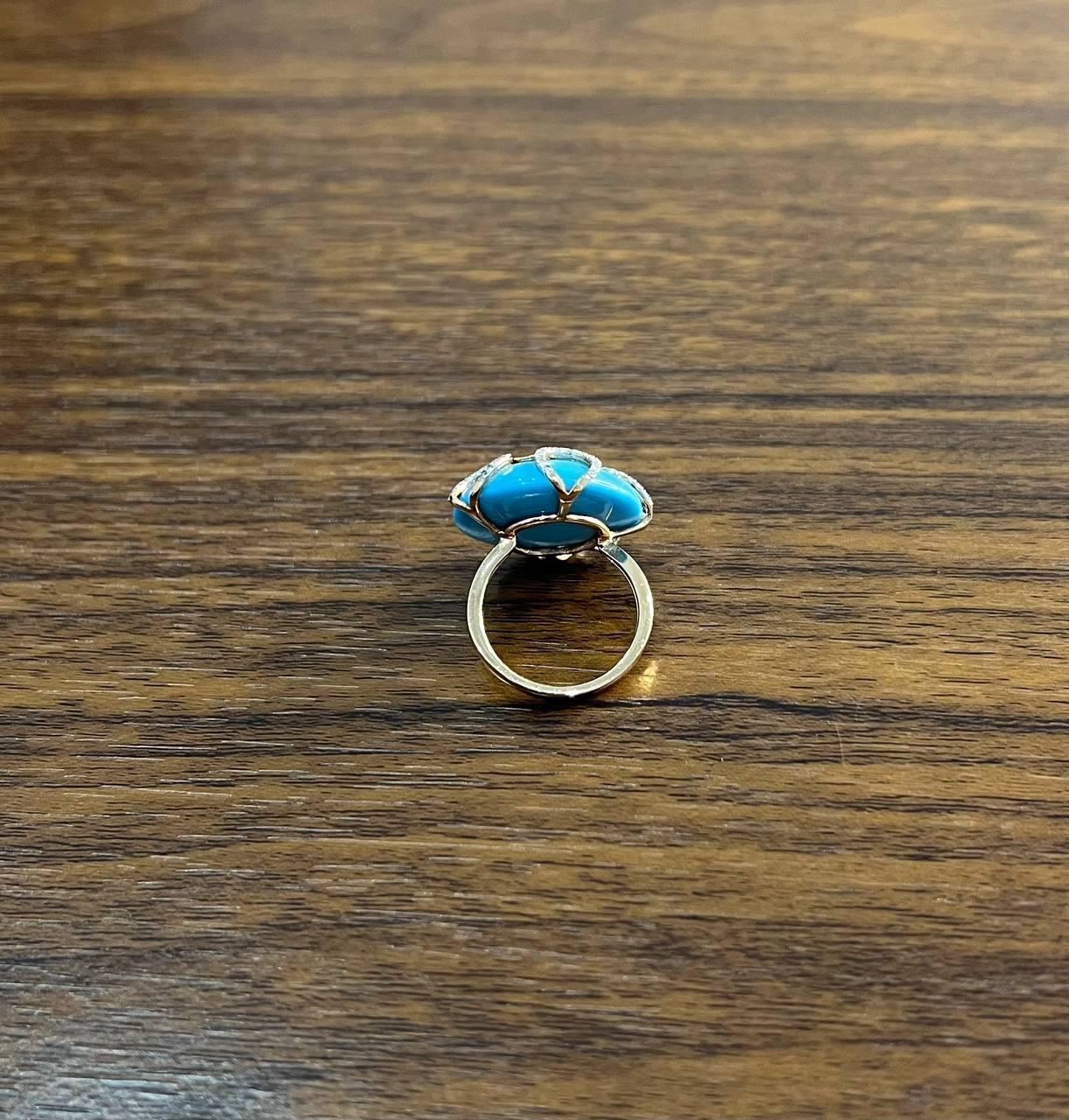 Round Blue Teal Turquoise Diamond Swirl Scroll 14K Yellow Gold Cocktail Ring In New Condition For Sale In Oakton, VA