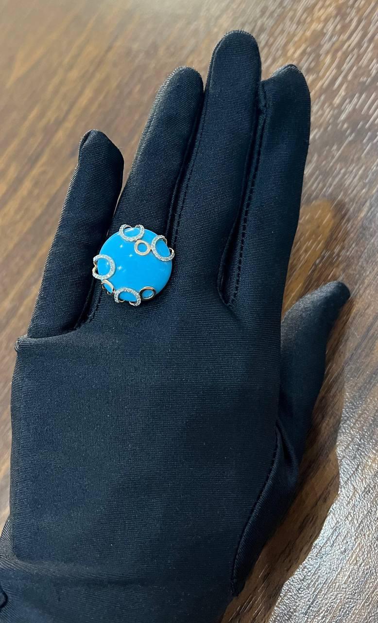 Women's Round Blue Teal Turquoise Diamond Swirl Scroll 14K Yellow Gold Cocktail Ring For Sale
