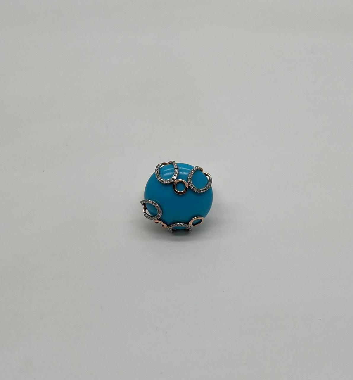 Round Blue Teal Turquoise Diamond Swirl Scroll 14K Yellow Gold Cocktail Ring For Sale 1