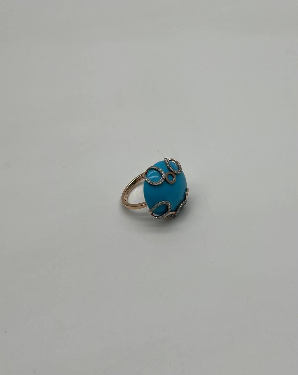 Round Blue Teal Turquoise Diamond Swirl Scroll 14K Yellow Gold Cocktail Ring For Sale 2