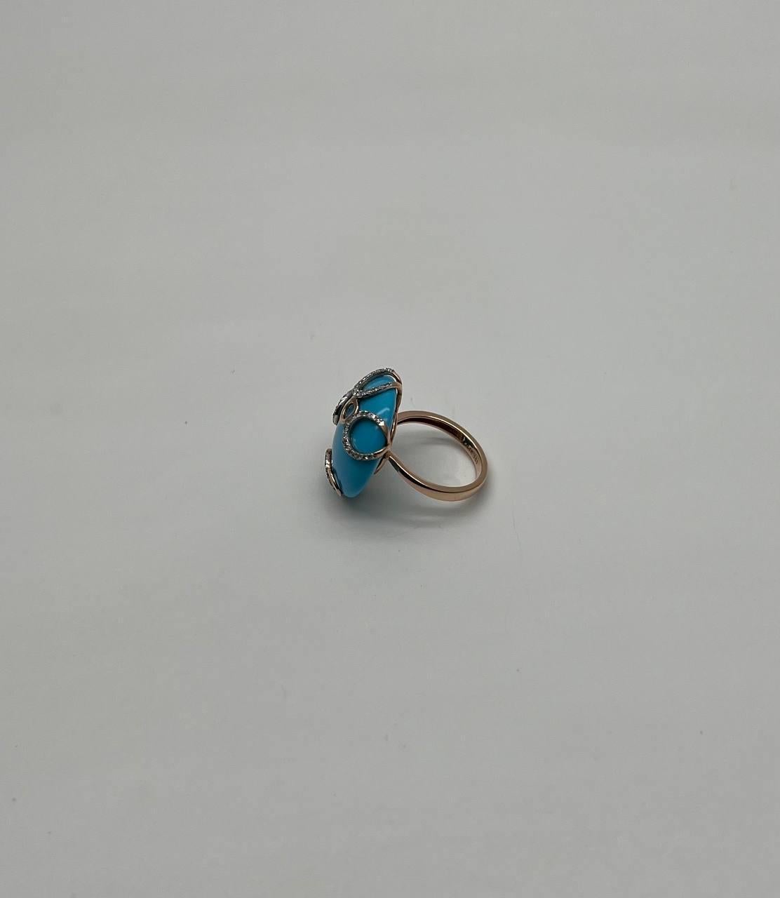 Round Blue Teal Turquoise Diamond Swirl Scroll 14K Yellow Gold Cocktail Ring For Sale 3