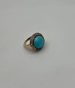 Round Blue Teal Turquoise Diamonds Halo Pave Set 14K Yellow Gold Cocktail Ring