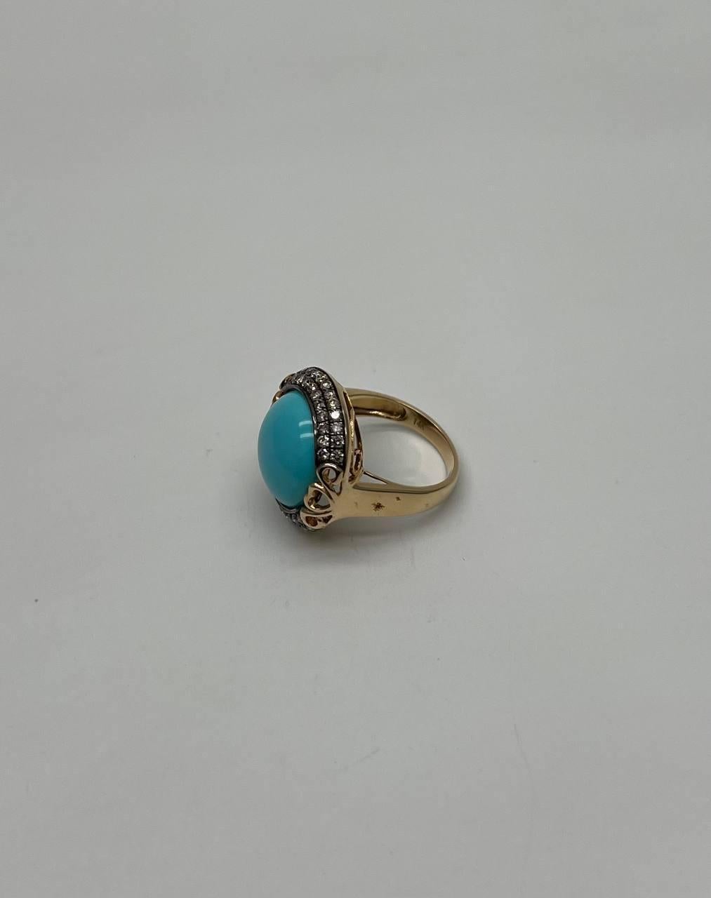 Cabochon Round Blue Teal Turquoise Diamonds Halo Pave Set 14K Yellow Gold Cocktail Ring For Sale