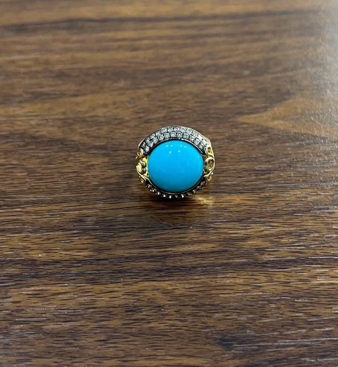 Women's Round Blue Teal Turquoise Diamonds Halo Pave Set 14K Yellow Gold Cocktail Ring For Sale