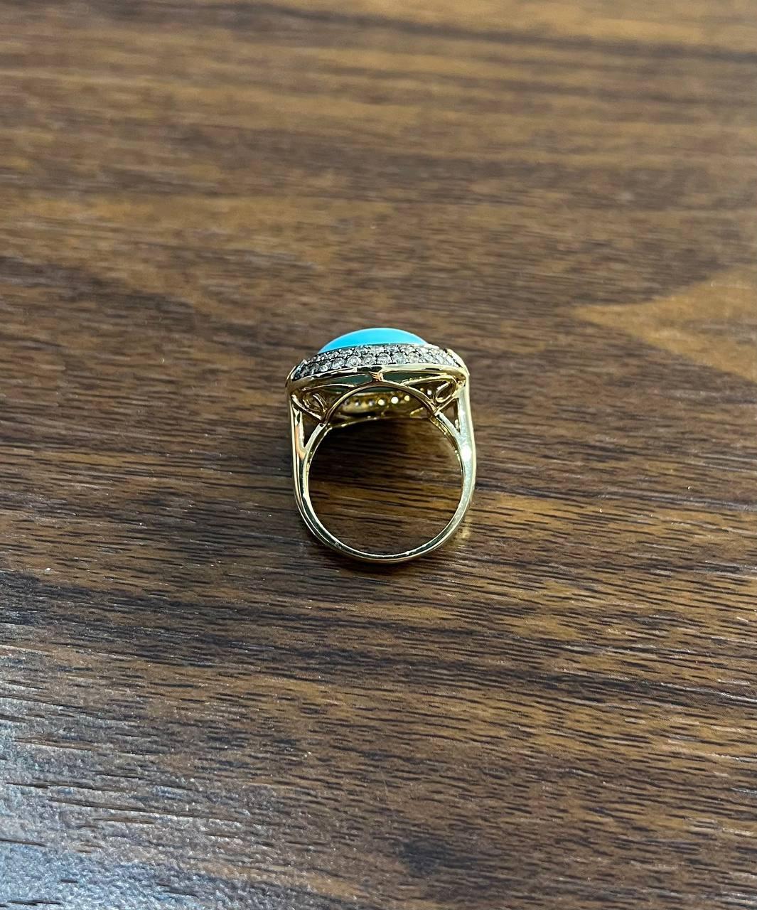 Round Blue Teal Turquoise Diamonds Halo Pave Set 14K Yellow Gold Cocktail Ring For Sale 3