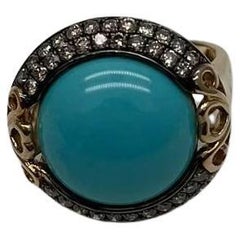 Round Blue Teal Turquoise Diamonds Halo Pave Set 14K Yellow Gold Cocktail Ring