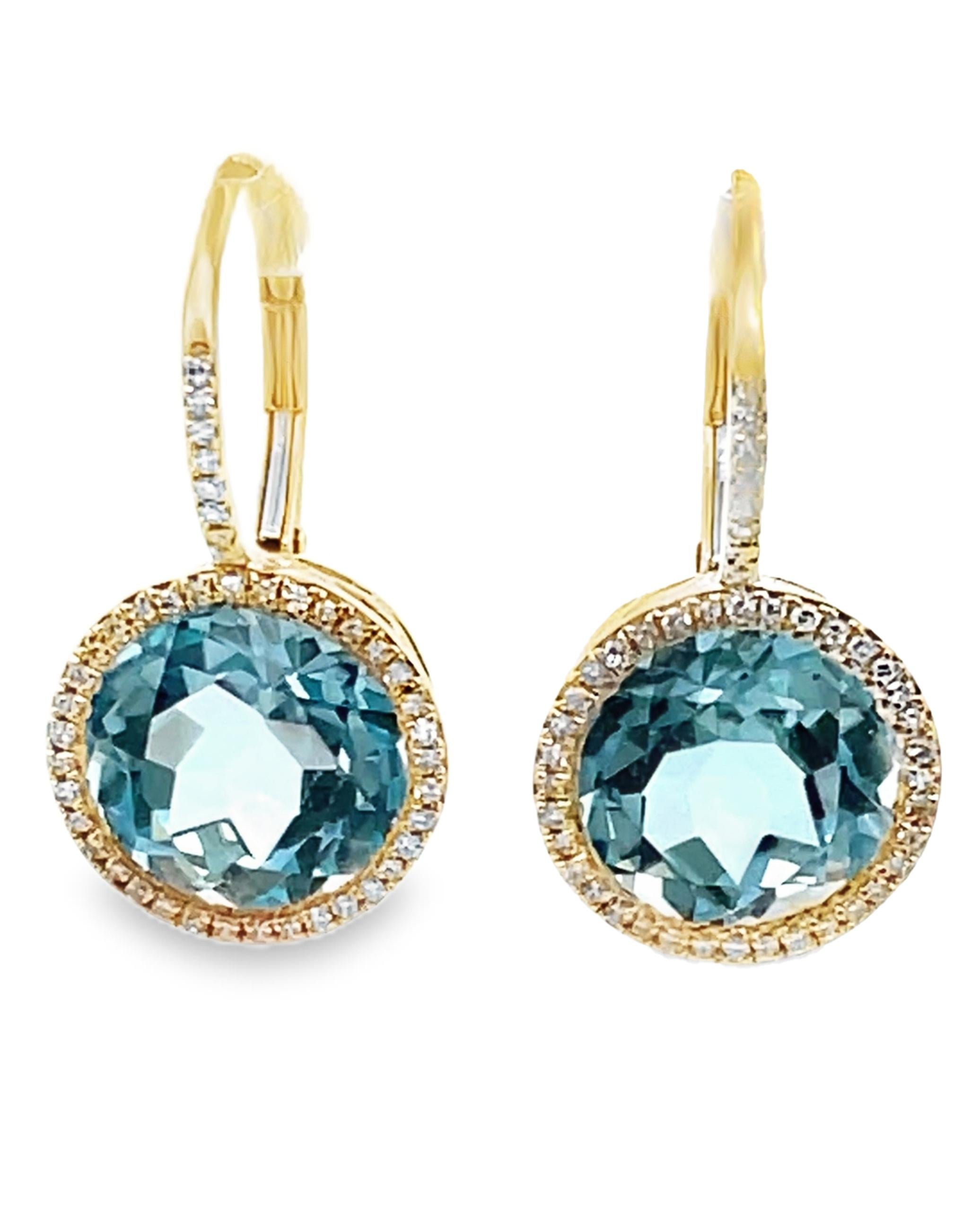 Contemporain Boucles d'oreilles pendantes en or jaune 14K avec topaze bleue ronde et diamant et anneaux à levier en vente