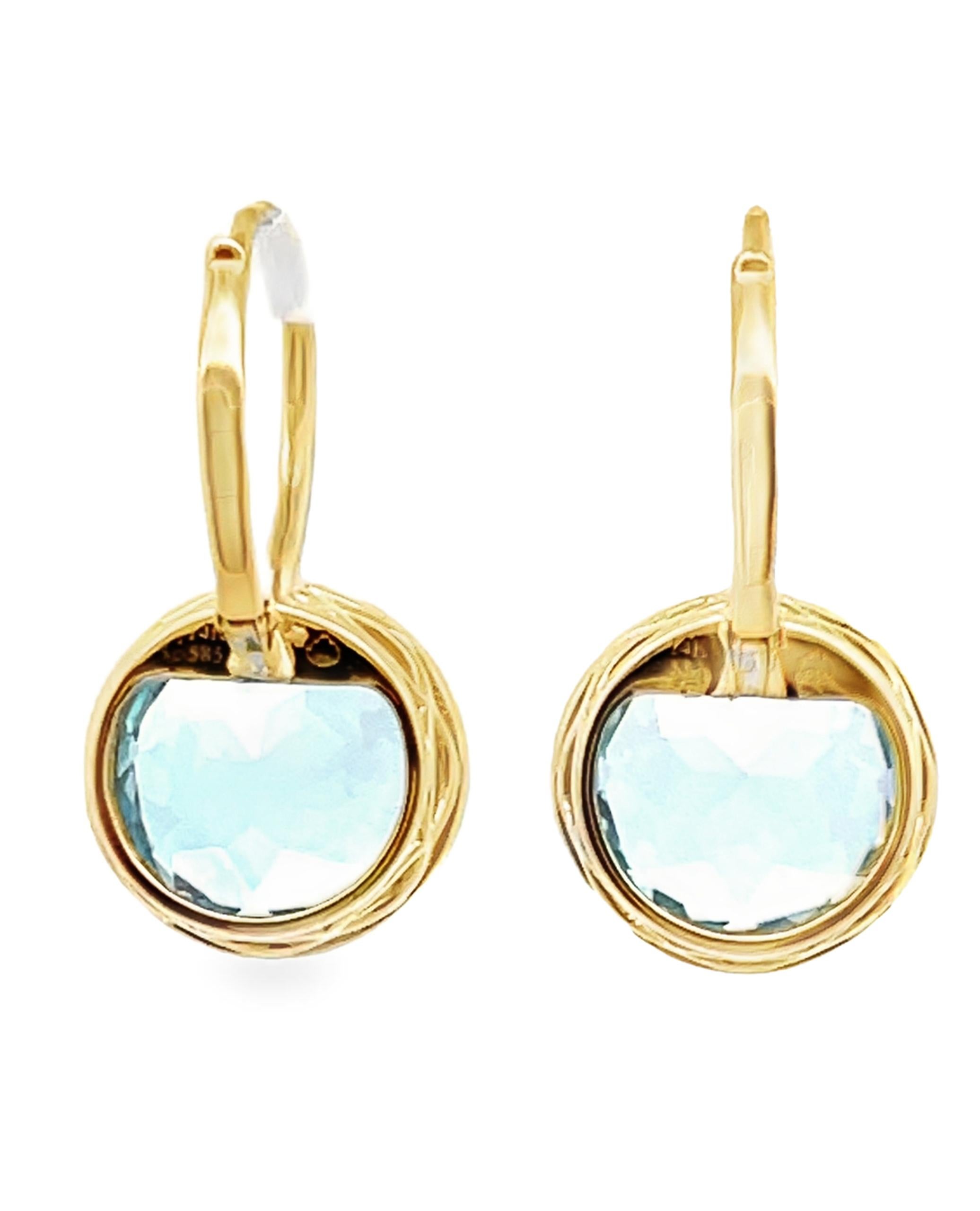 Boucles d'oreilles pendantes en or jaune 14K avec topaze bleue ronde et diamant et anneaux à levier Neuf - En vente à Old Tappan, NJ