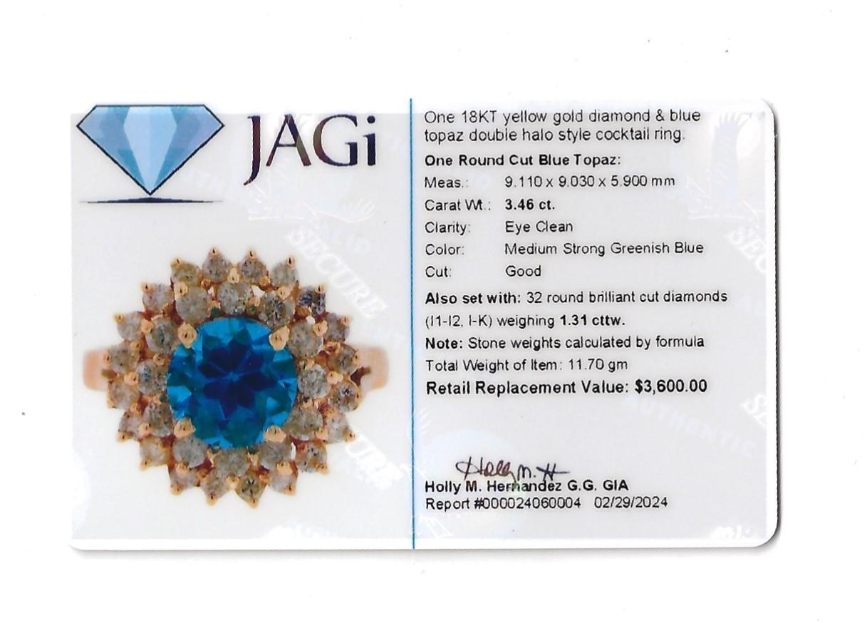 Round Blue Topaz and Double Diamond Halo Cocktail Ring in 18 Karat Yellow Gold For Sale 4