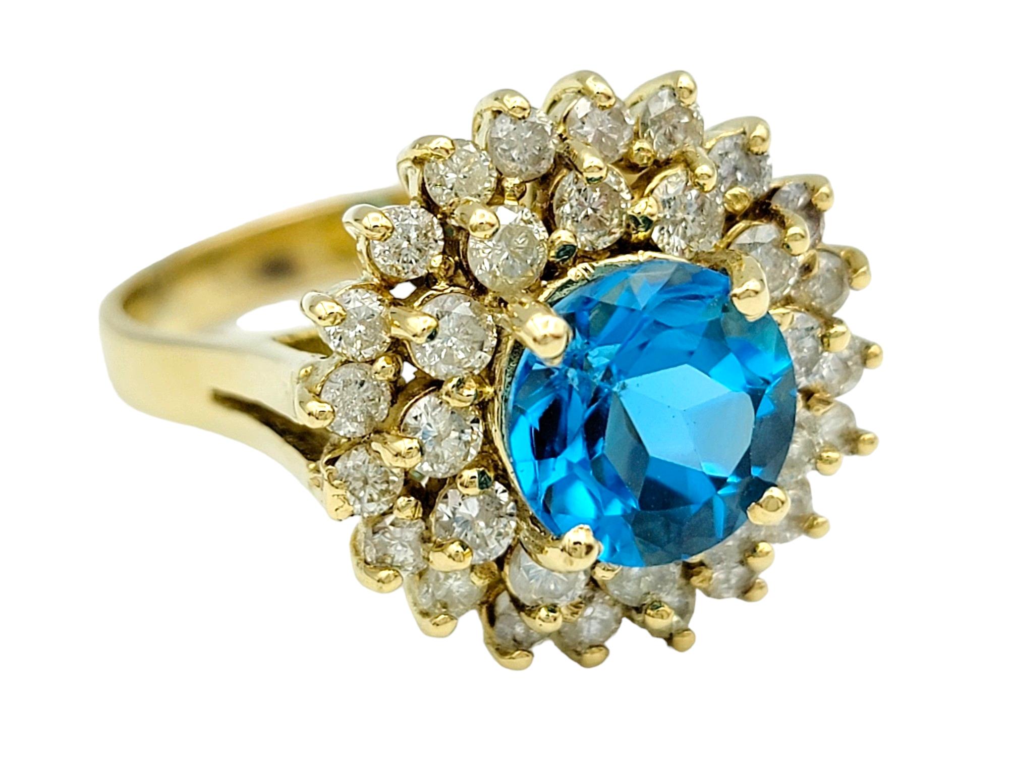 Contemporary Round Blue Topaz and Double Diamond Halo Cocktail Ring in 18 Karat Yellow Gold For Sale